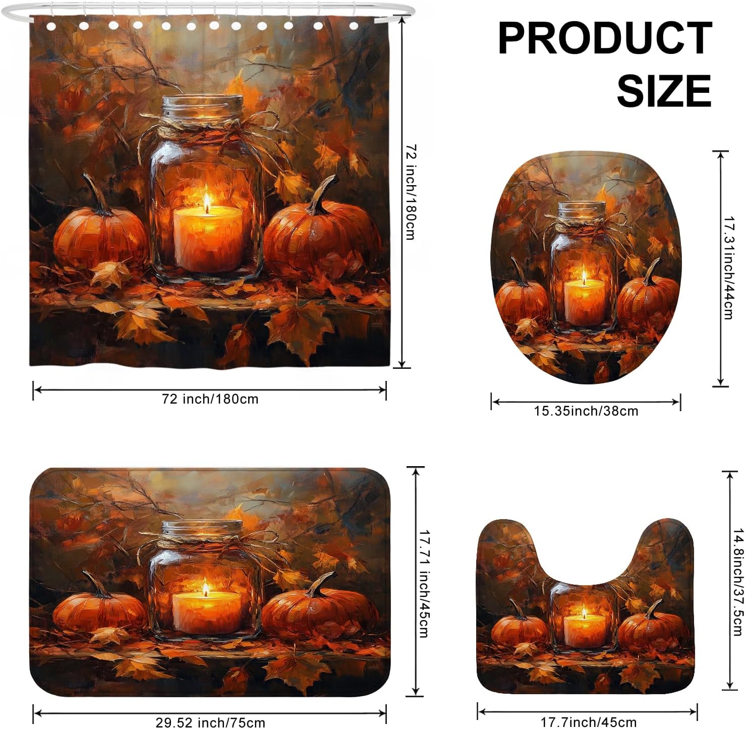 DESIHOM 4PCS Fall Mason Jar Candle Shower Curtain Set with Hooks and Bath Mat