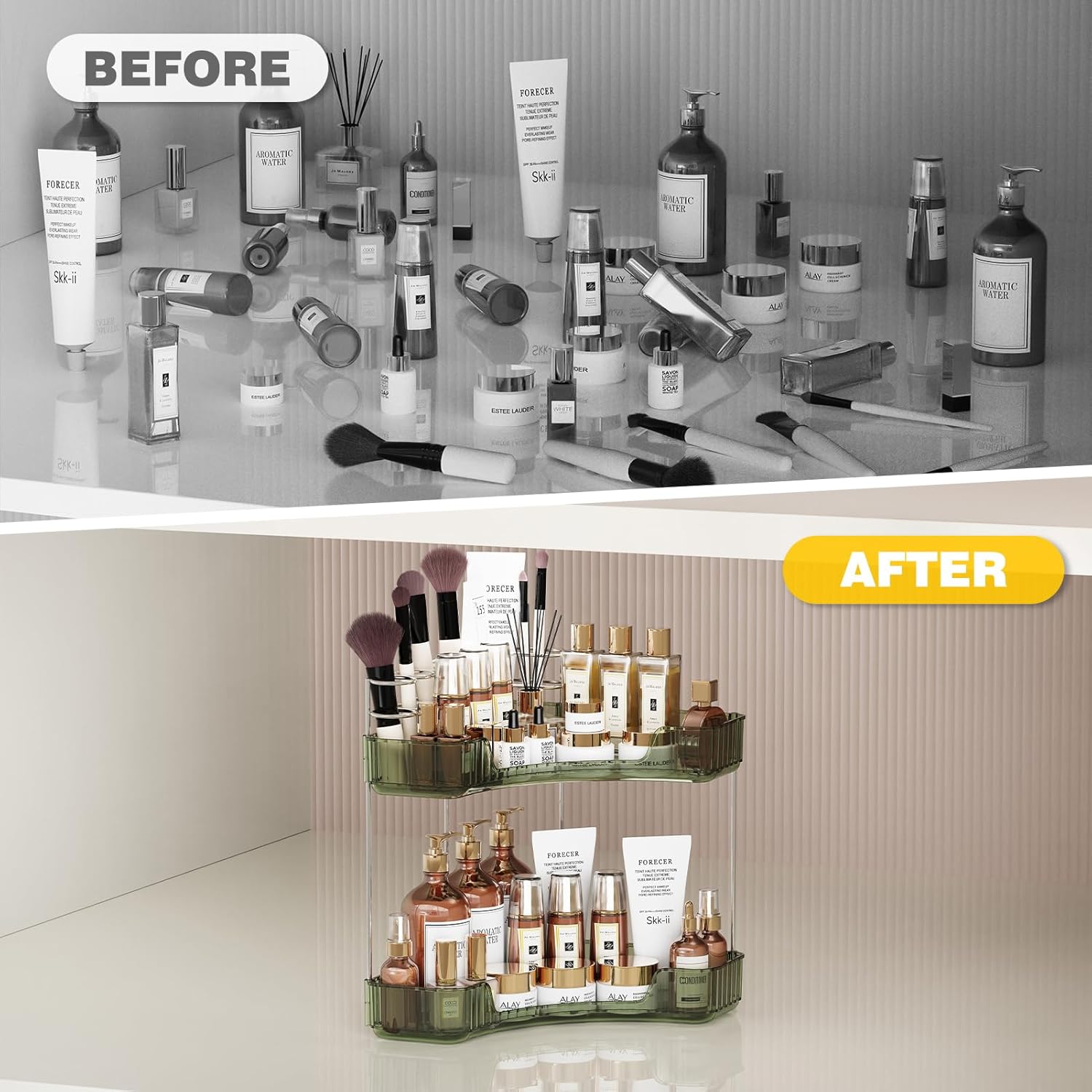 2-Tier Corner Bathroom Organizer with Brush Holder and Toothbrush Racks