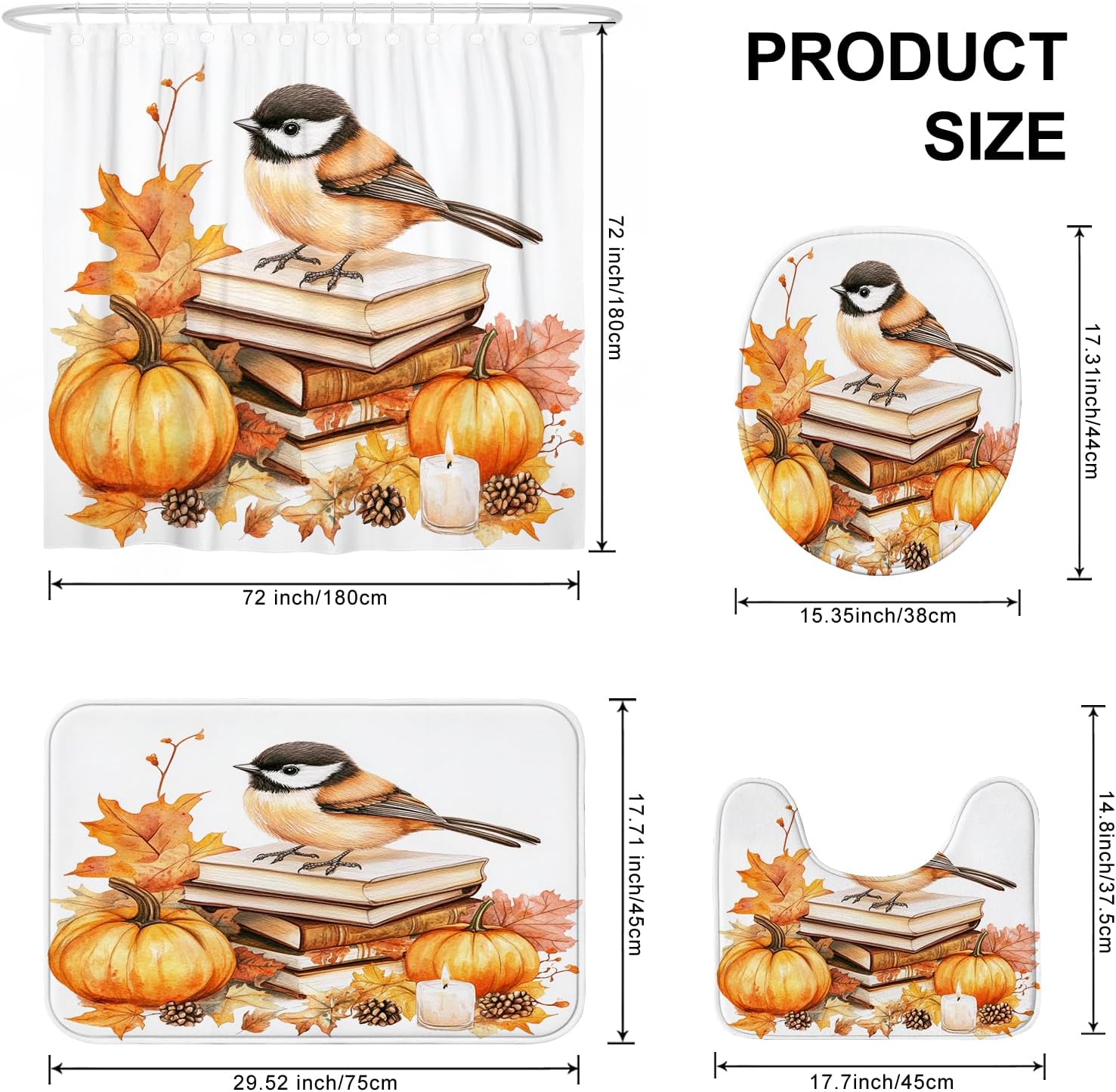 DESIHOM 4PCS Fall Chickadees Bird Shower Curtain Set with Non-Slip Rug and Hooks