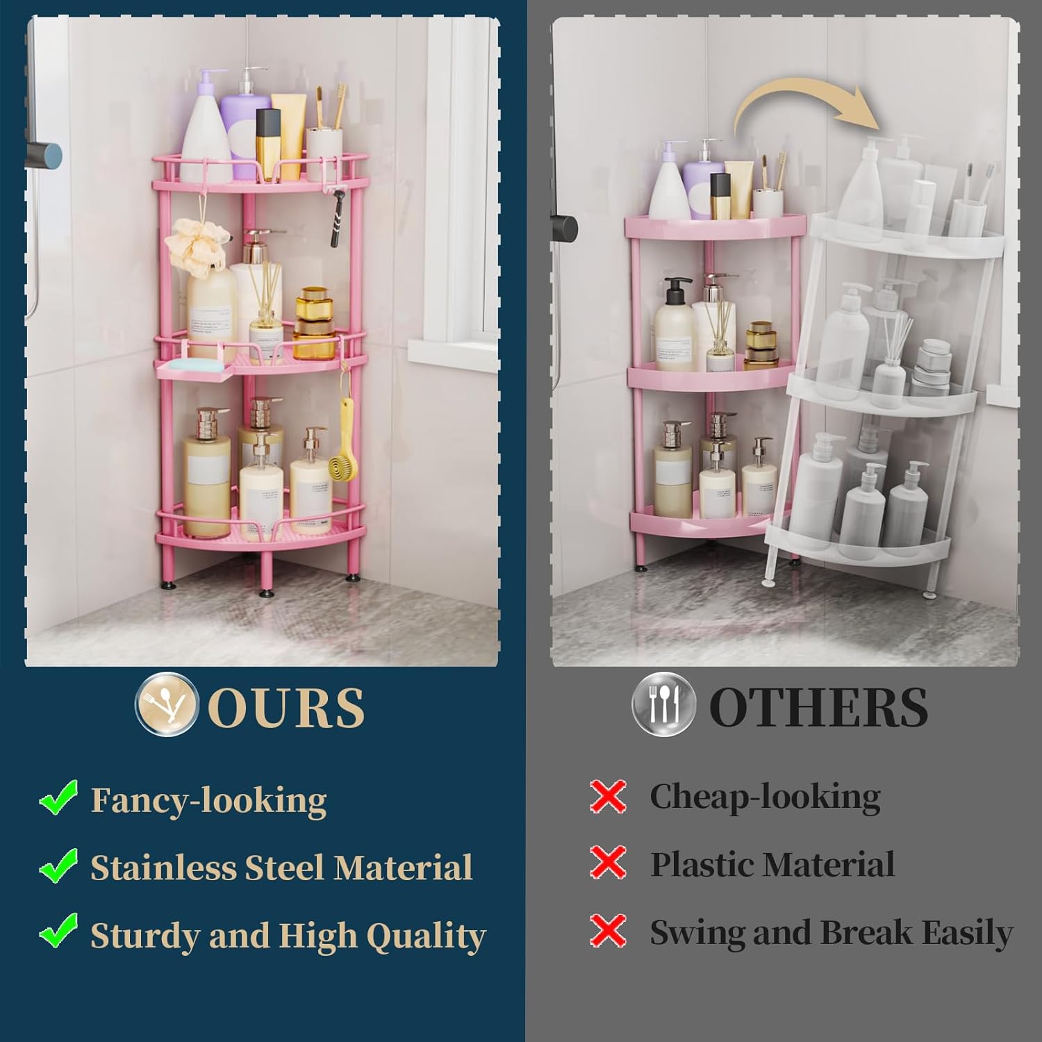 Consumest Corner Shower Caddy - 3 Tier Organizer with Soap Holder and 4 Hooks