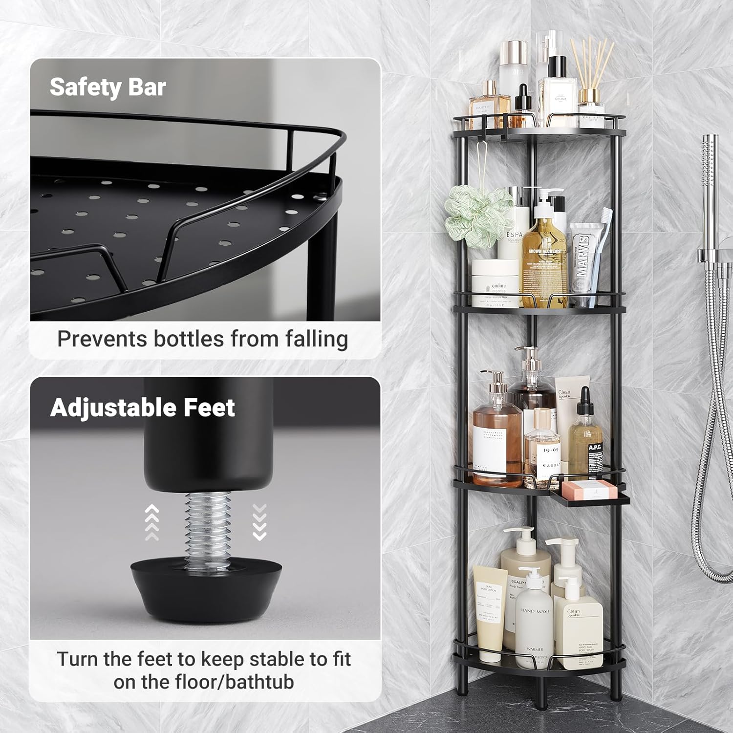 ELYKEN 4 Tier Corner Shower Caddy with Hooks and Soap Holder Black