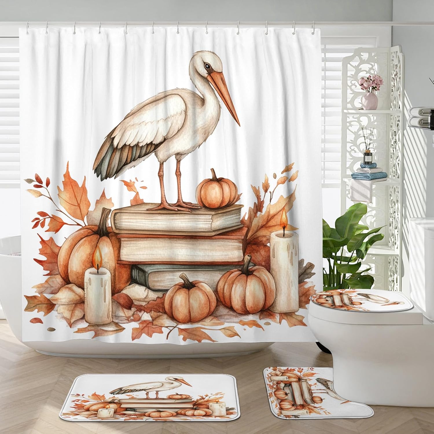 DESIHOM 4PCS Fall Stork Bird Shower Curtain Set with Non-Slip Rug and Toilet Lid Cover Mat