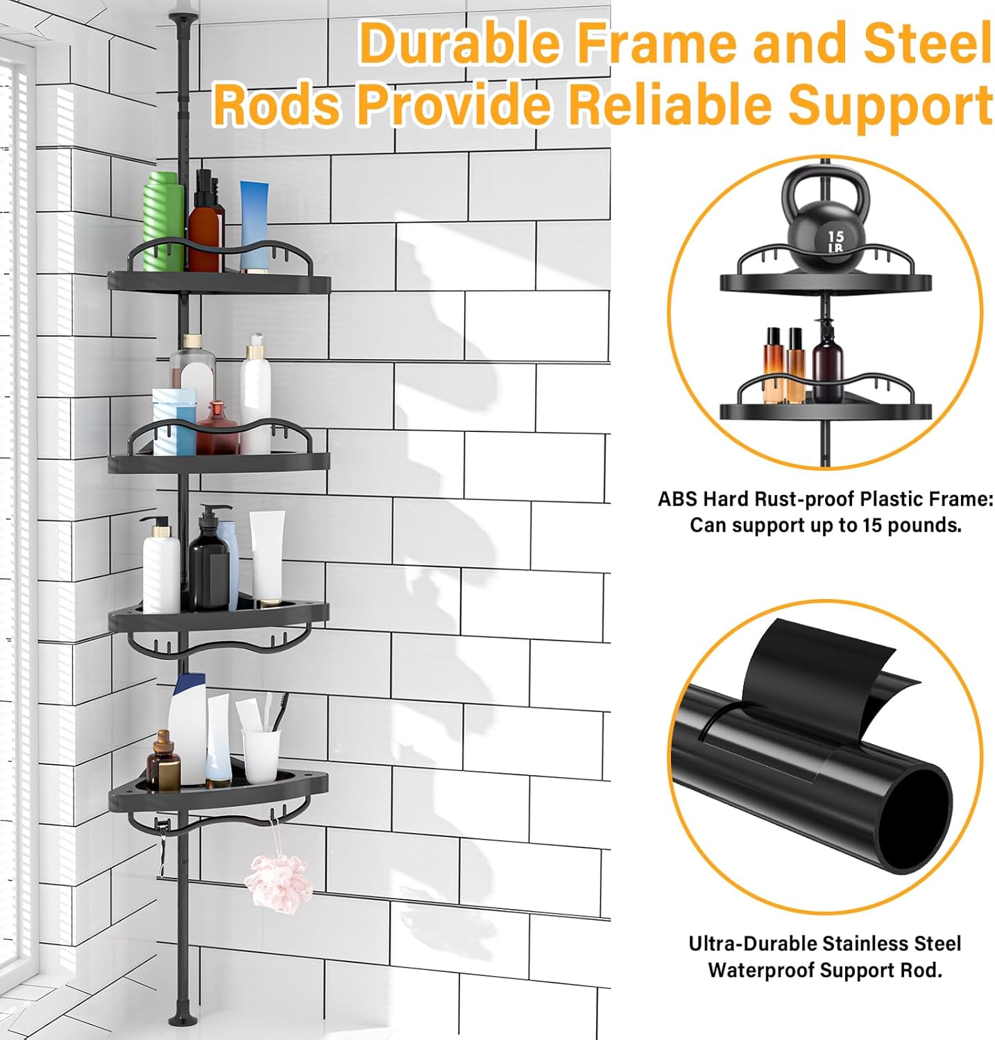 Black Corner Shower Caddy Tension Pole - Heavy Duty Rustproof Stainless Steel Organizer with 4 Adjustable Shelves
