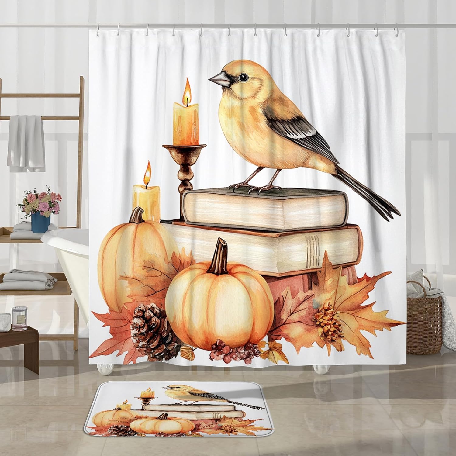 DESIHOM 4PCS Fall Goldfinch Bird Shower Curtain Set with Non-Slip Rug and Hooks