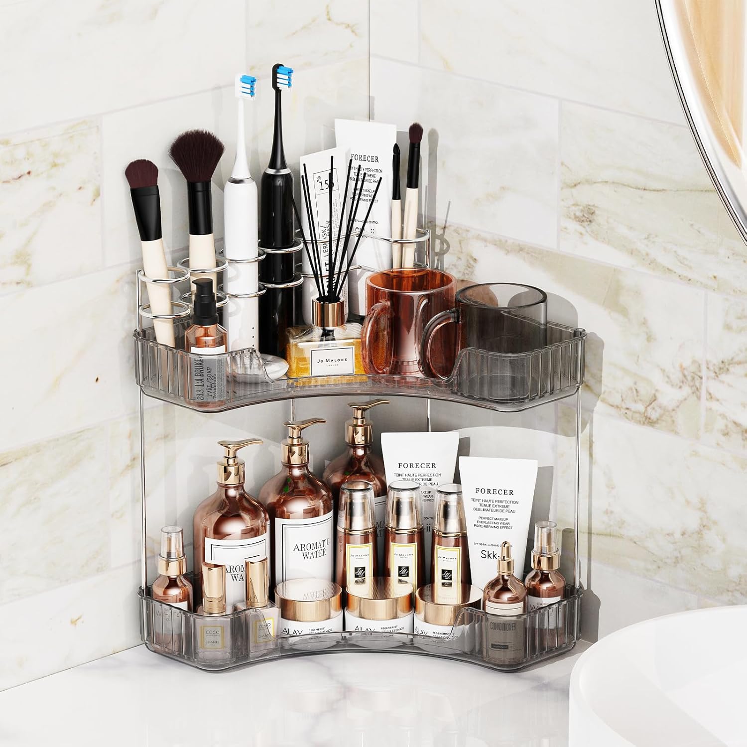 2-Tier Corner Bathroom Organizer with Toothbrush Holder and Makeup Stand