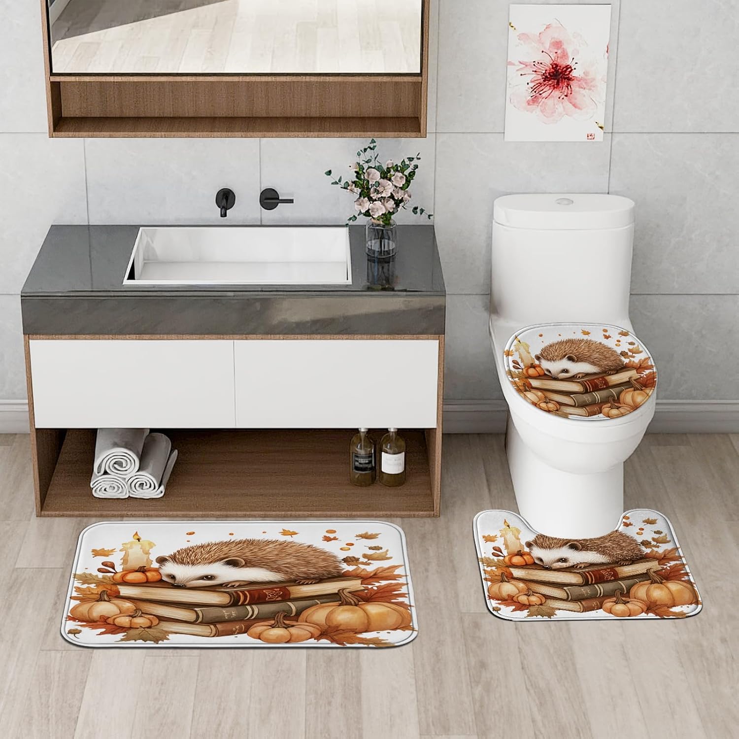 DESIHOM 4PCS Fall Hedgehog Shower Curtain Set with Hooks Bath Mat U Shape and Toilet Lid Cover Mat