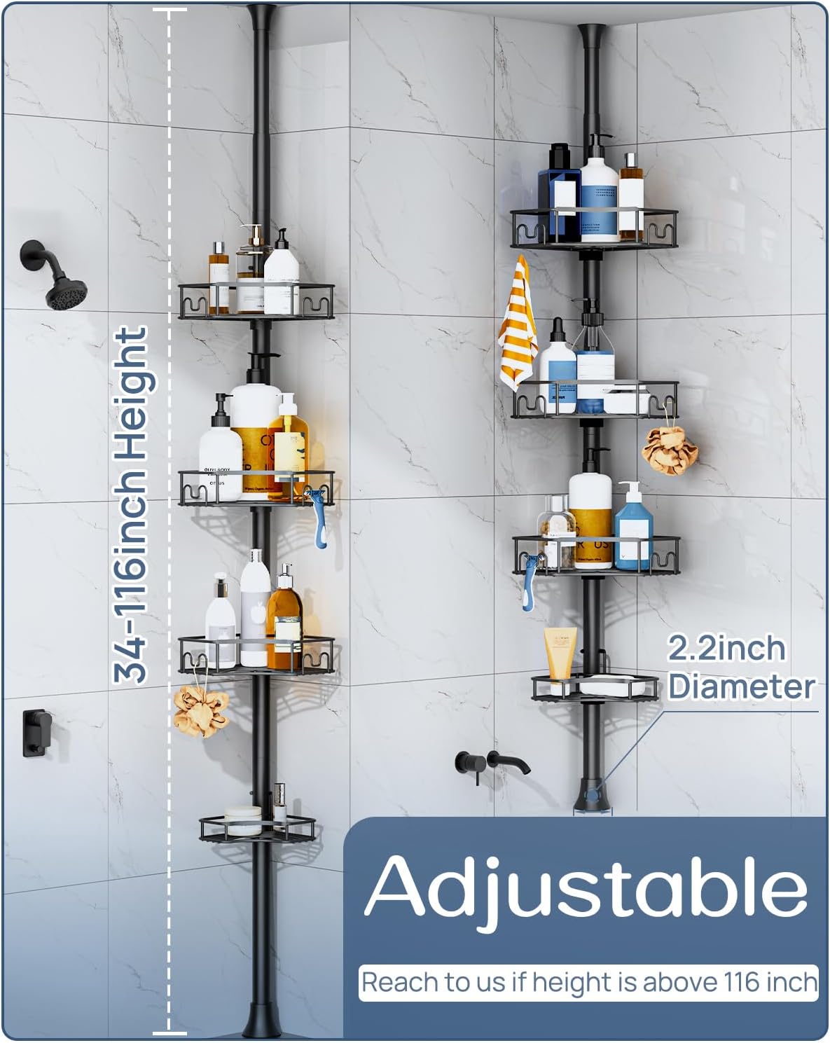 SEIRIONE Corner Shower Caddy Tension Pole 4-Tier Rust-Free Organizer Black