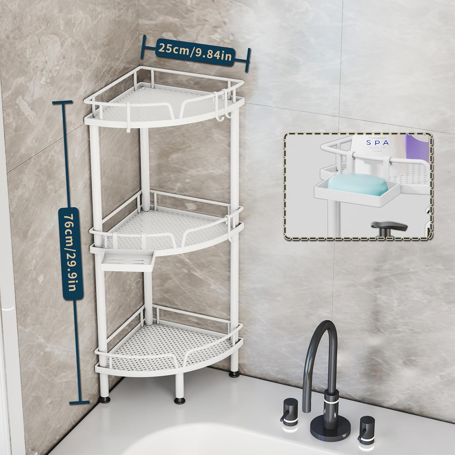 Consumest Corner Shower Caddy Stand - 3 Tier Organizer with Soap Holder and 4 Hooks