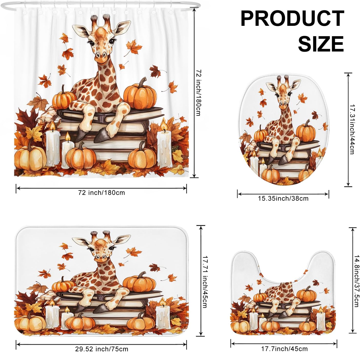 DESIHOM 4PCS Fall Giraffe Pumpkins Shower Curtain Set with Hooks and Non-Slip Rug