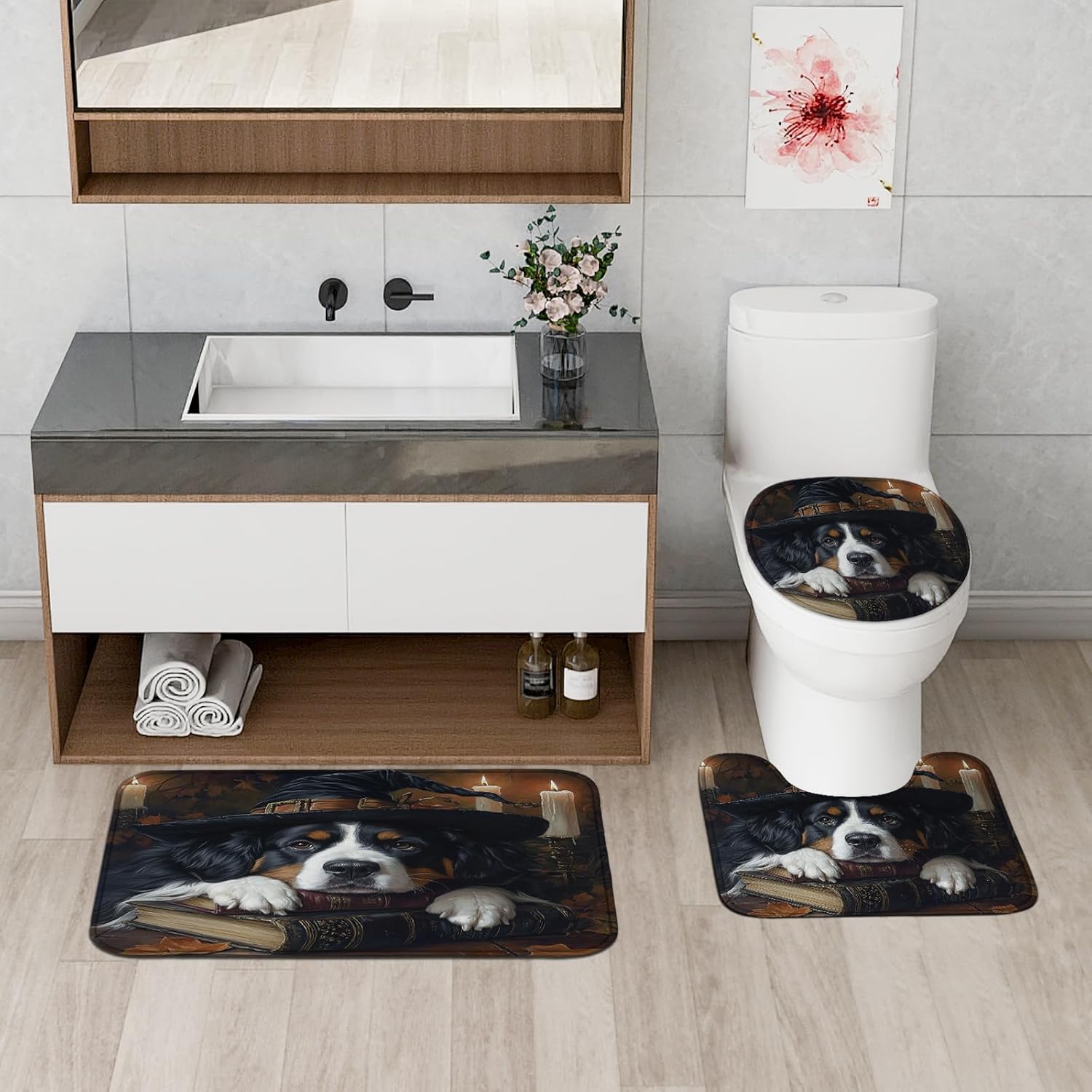 4PCS Halloween Witch Bathroom Set with Non-Slip Rug and U Shape Toilet Lid Cover