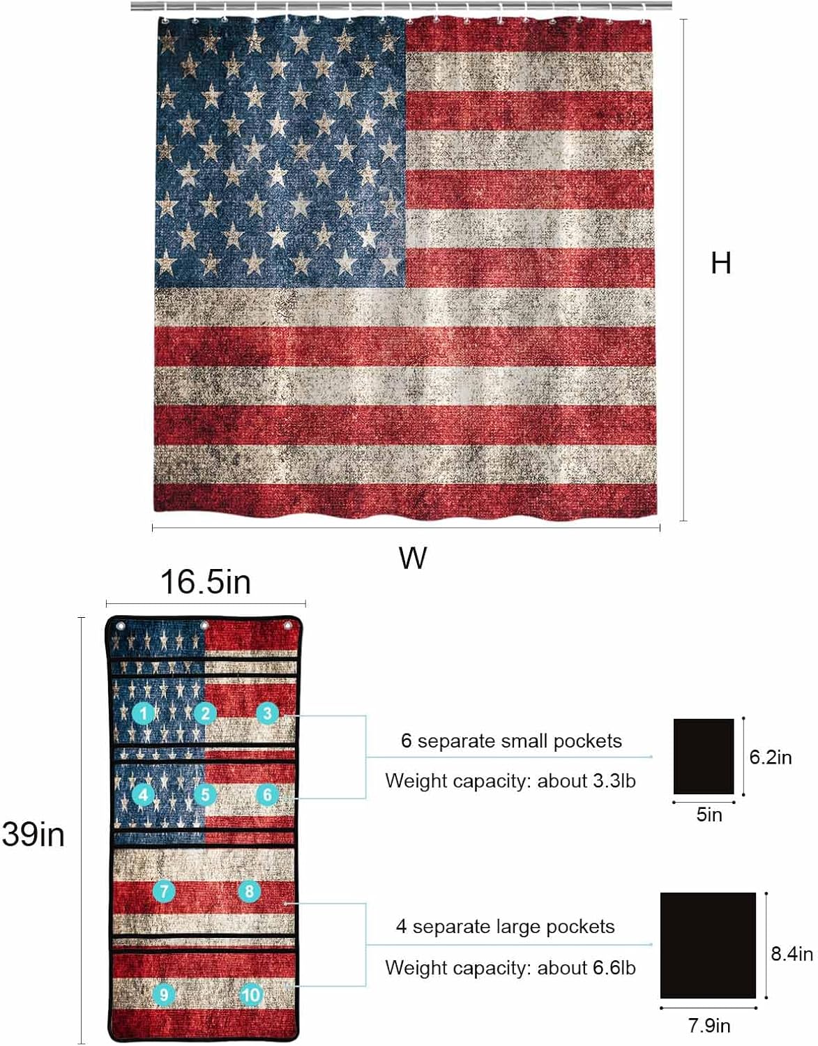 ZFUNCING Vintage Flag Shower Curtain Set with Mesh Organizer and Hooks