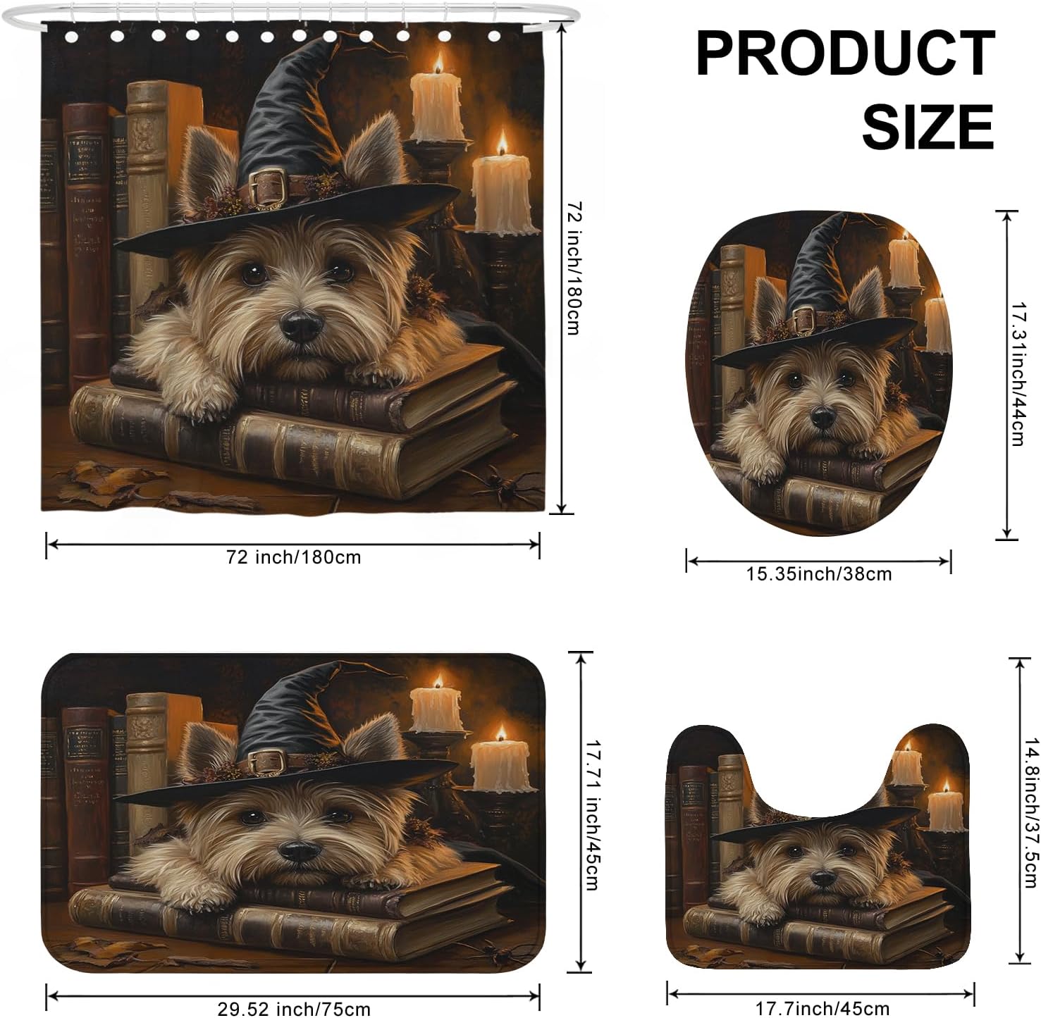 4PCS Halloween Witch Dog Bathroom Set with Non-Slip Rug and U Shape Toilet Cover 1