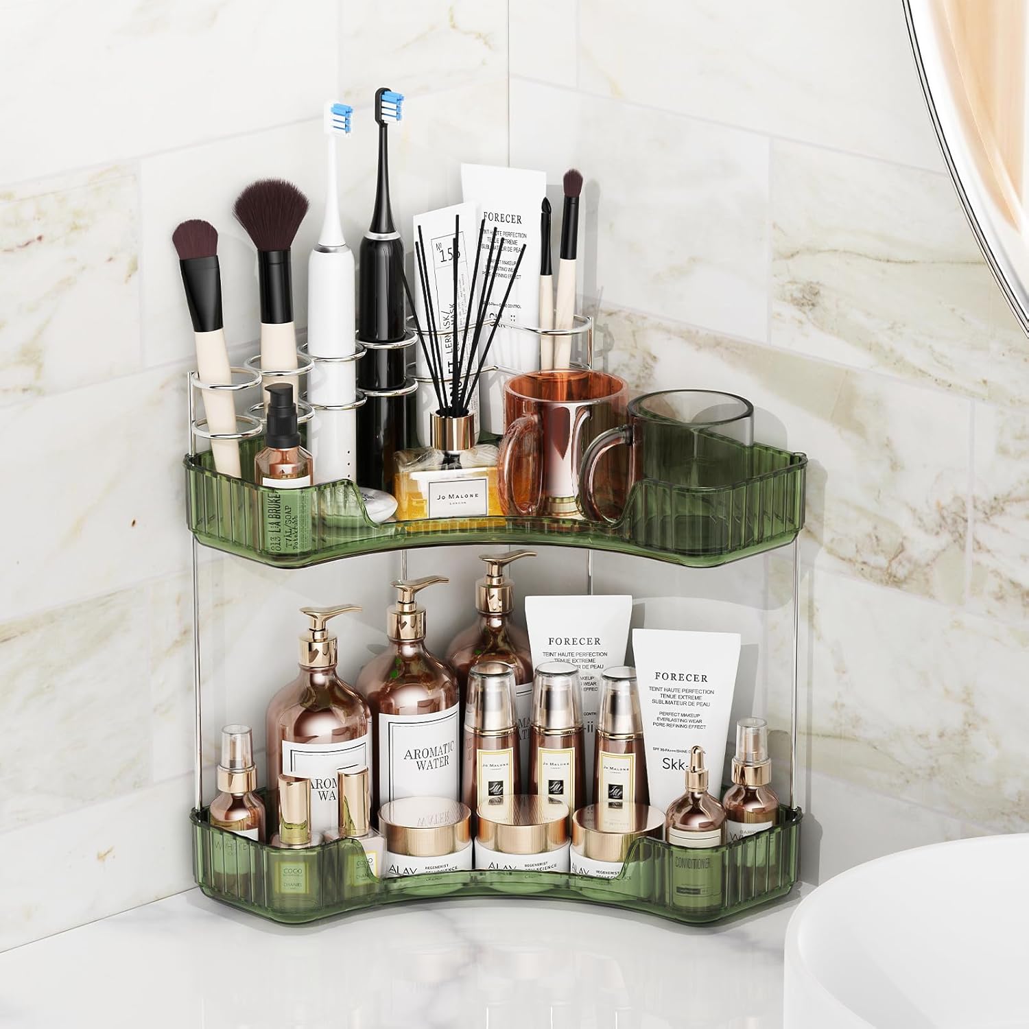 2-Tier Corner Bathroom Organizer with Brush Holder and Toothbrush Racks