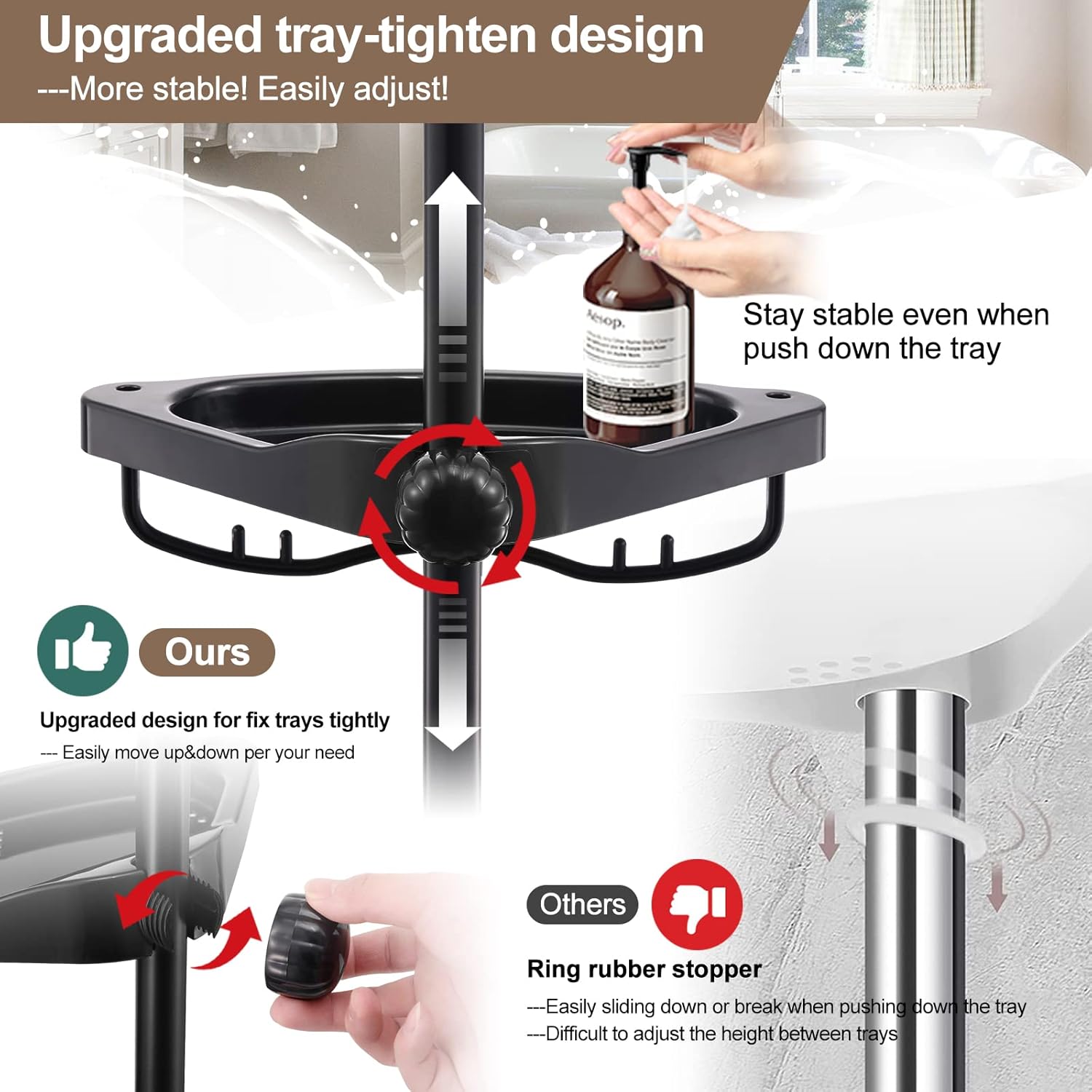 Corner Shower Caddy Tension Pole - 4 Shelves Heavy Duty Floor to Ceiling Organizer Black