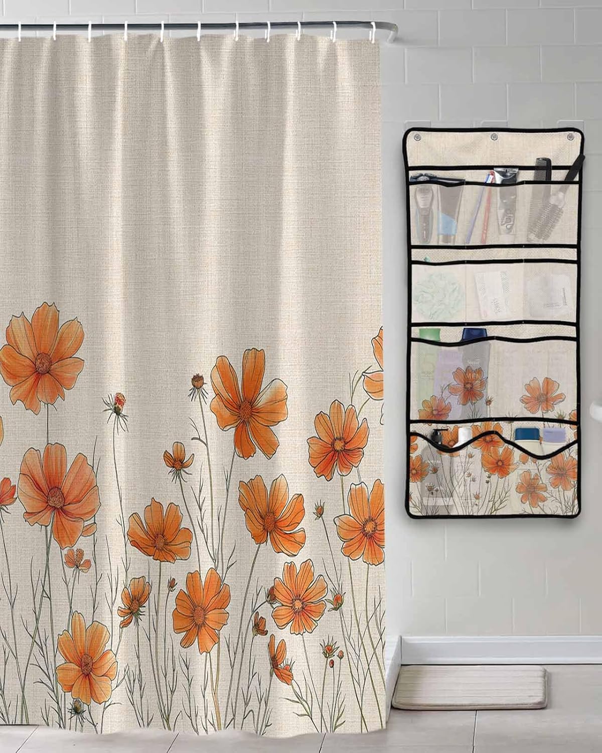 Watercolor Garden Orange Floral Shower Curtain Set with Hooks