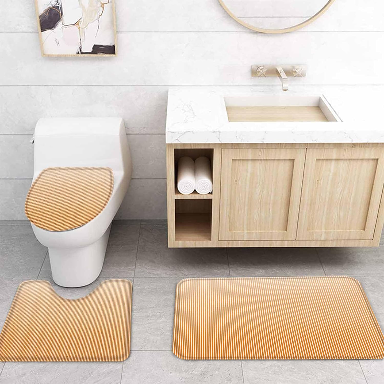 Gradient Orange Stripes 4 Pcs Shower Curtain Set with Non-Slip Mats and Rugs