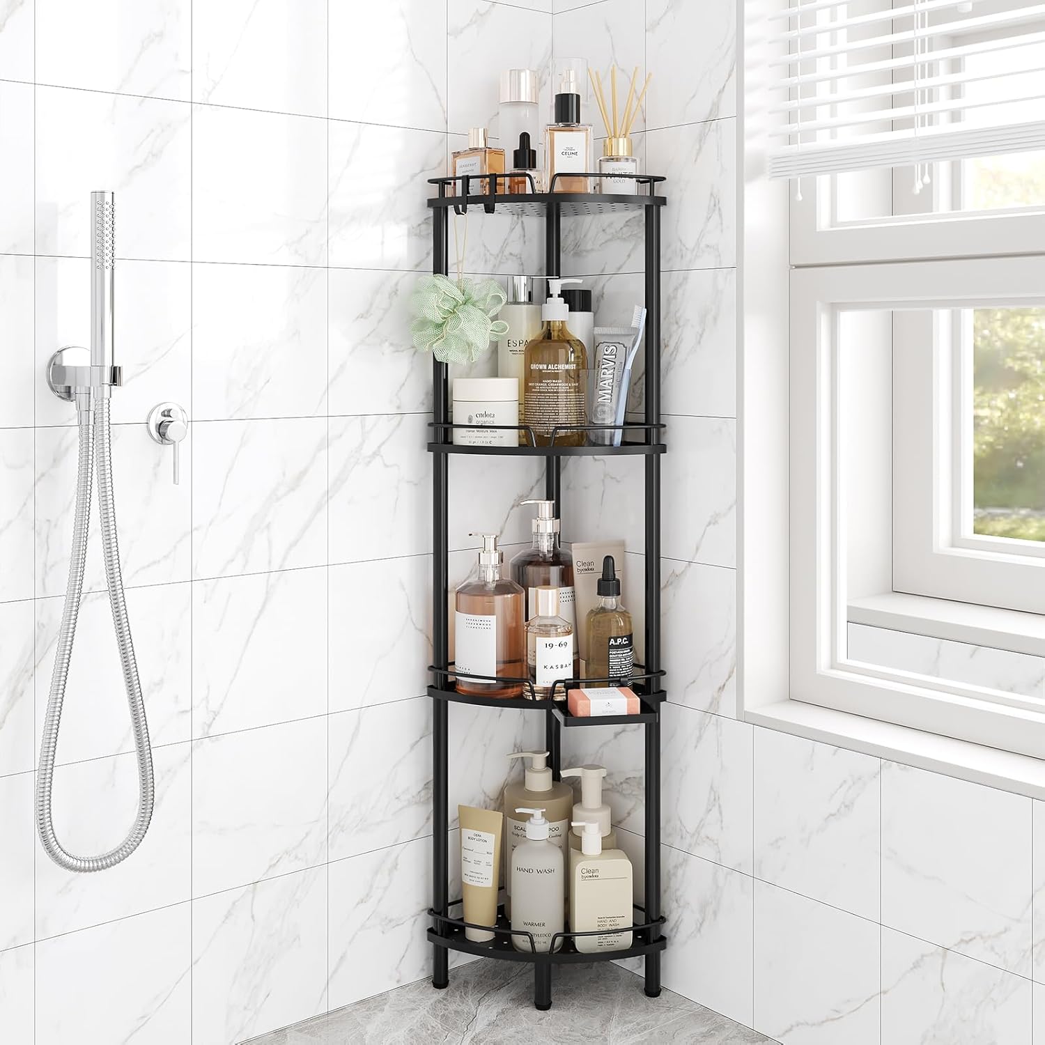 ELYKEN 4 Tier Corner Shower Caddy with Hooks and Soap Holder Black