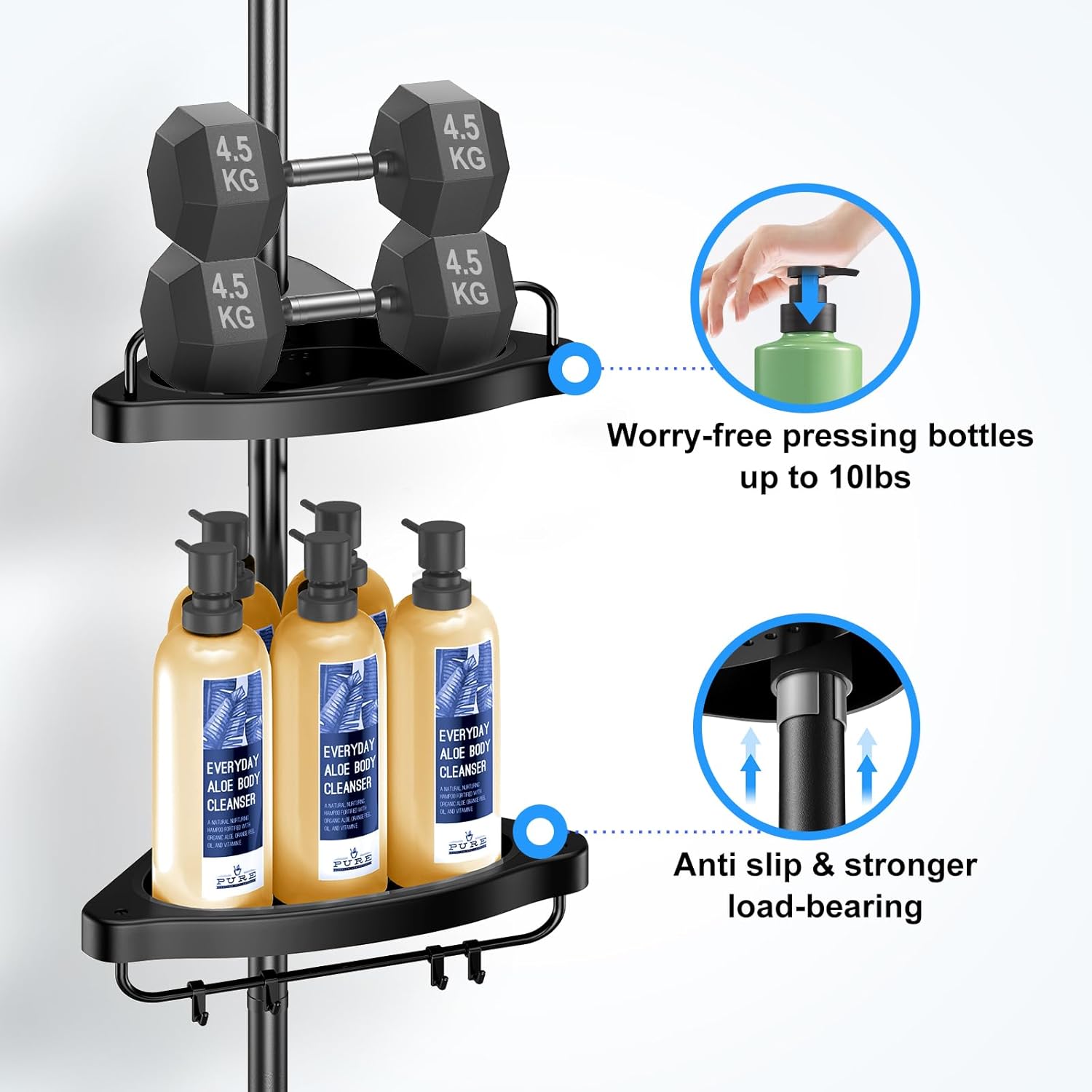 HAMITOR Corner Shower Caddy Tension Pole with 4 Tier Shelves Black