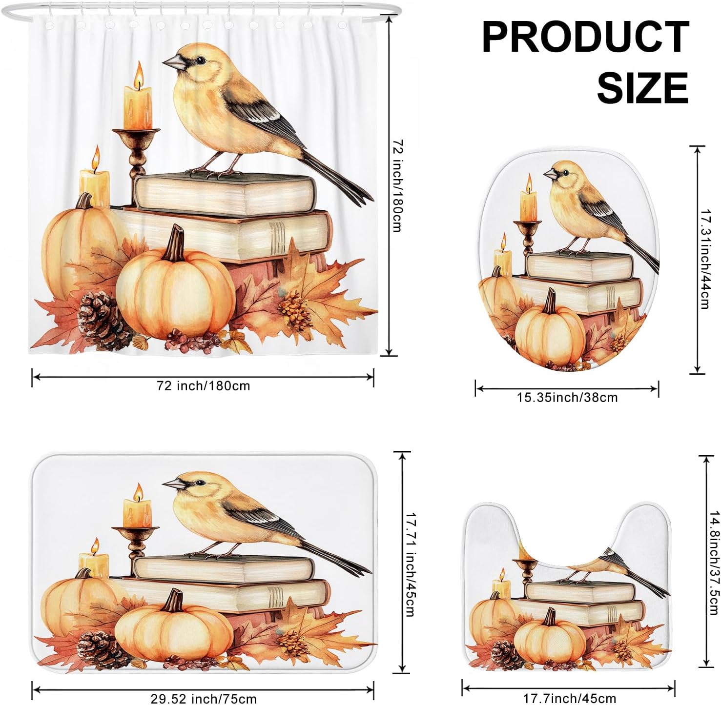 DESIHOM 4PCS Fall Goldfinch Bird Shower Curtain Set with Non-Slip Rug and Hooks
