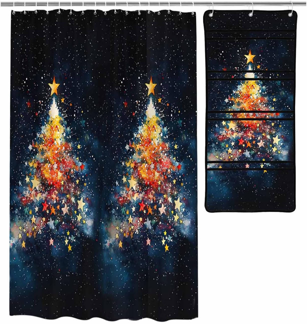 Christmas Tree Colorful Star Shower Curtain Set with 10 Pockets