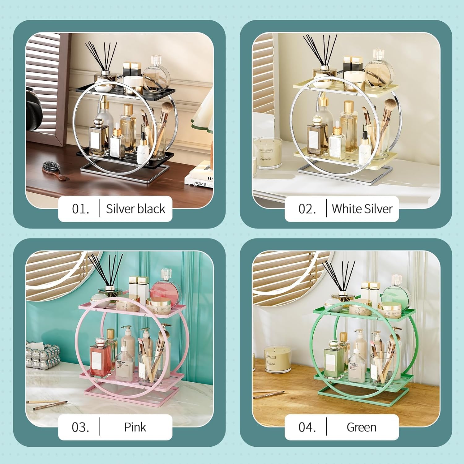 Pink Perfume Organizer for Vanity 2-Tier Bathroom Storage Shelf Large Capacity Metal Skincare Display Stand