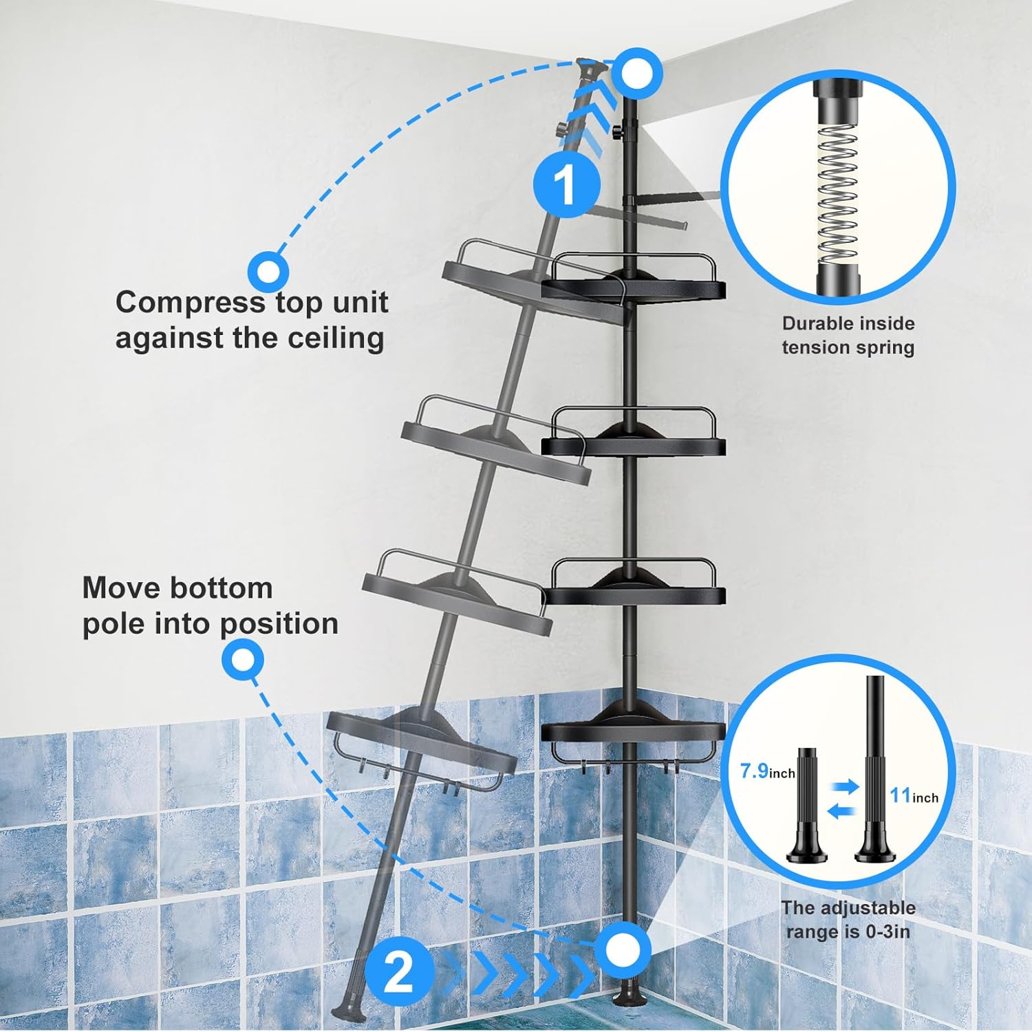 HAMITOR Corner Shower Caddy Tension Pole with 4 Tier Shelves Black