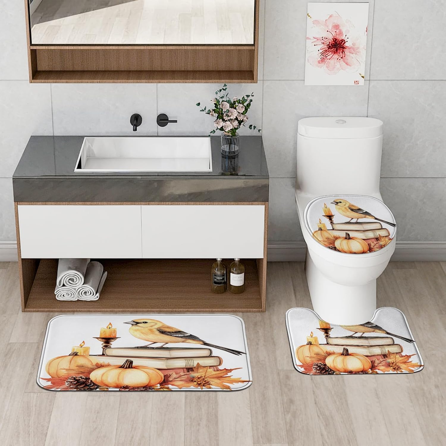 DESIHOM 4PCS Fall Goldfinch Bird Shower Curtain Set with Non-Slip Rug and Hooks