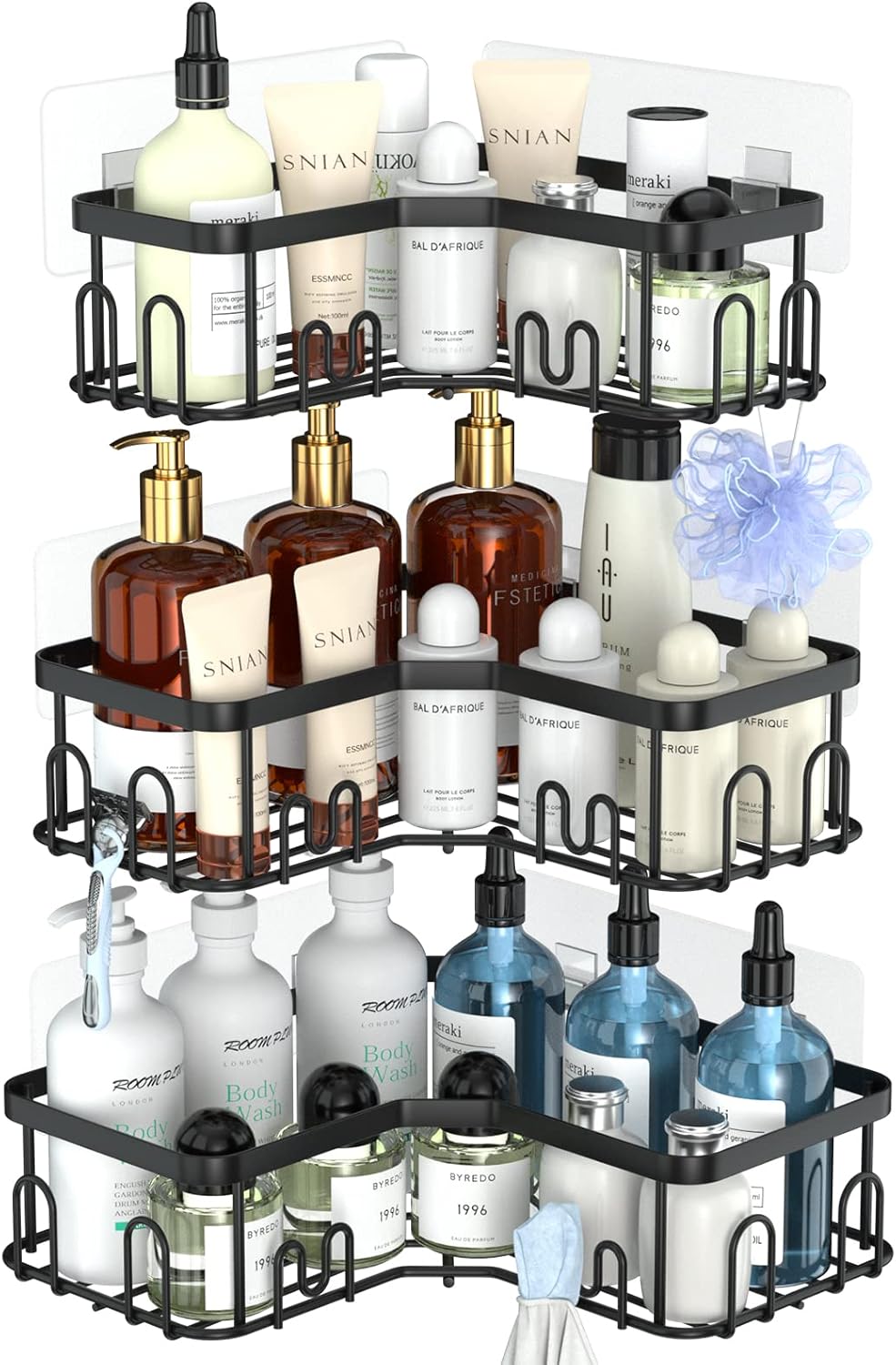 Menbyci 3 Pack Corner Shower Caddy with 18 Hooks and Adhesive