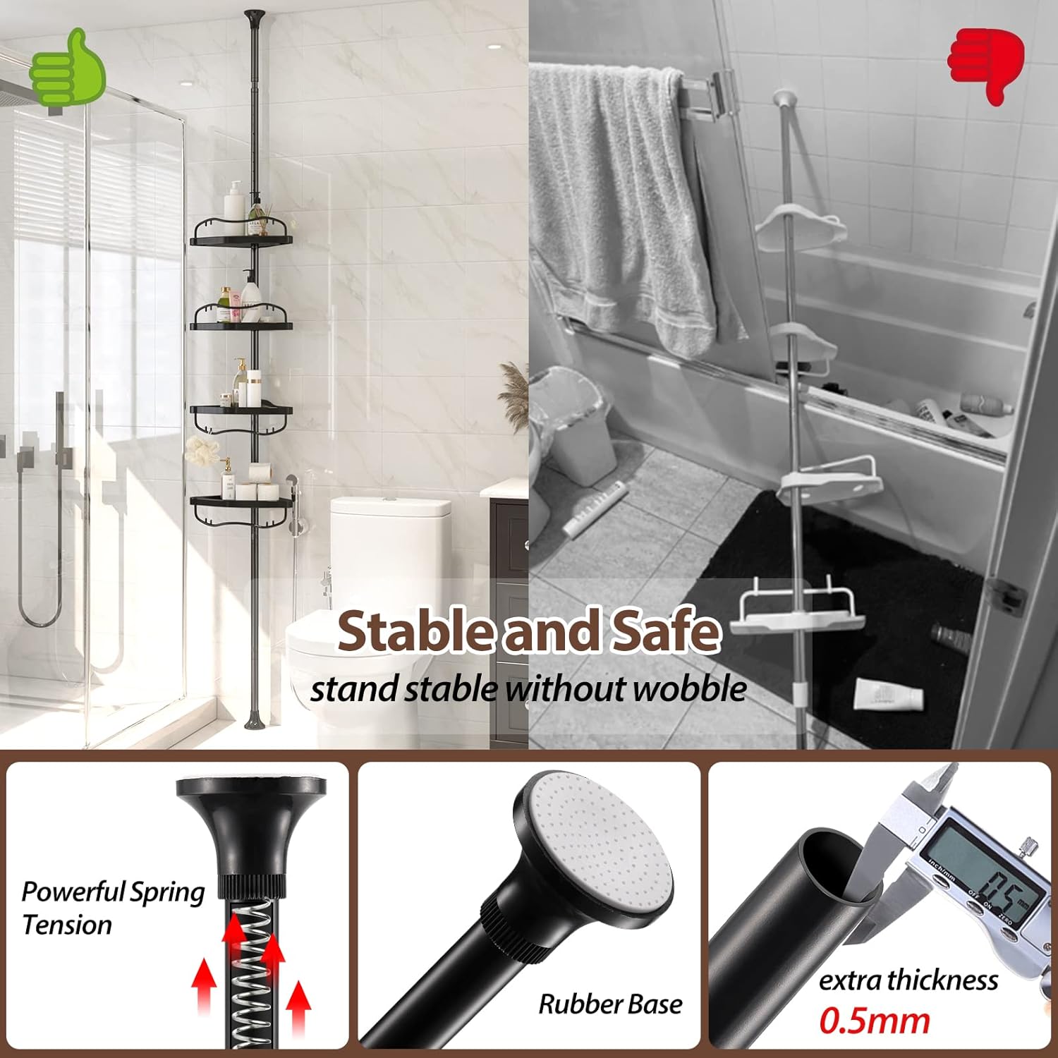 Corner Shower Caddy Tension Pole - 4 Shelves Heavy Duty Floor to Ceiling Organizer Black