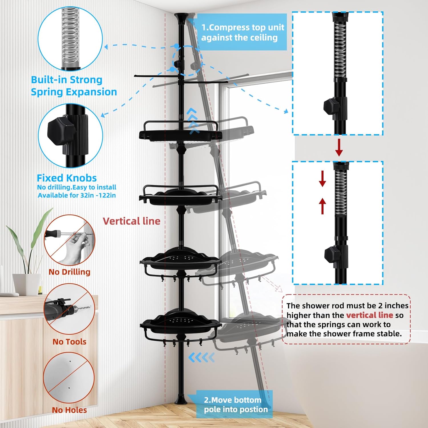 XLHOMO 32-122 Inch Corner Shower Caddy with 4 Tier Shelves 1