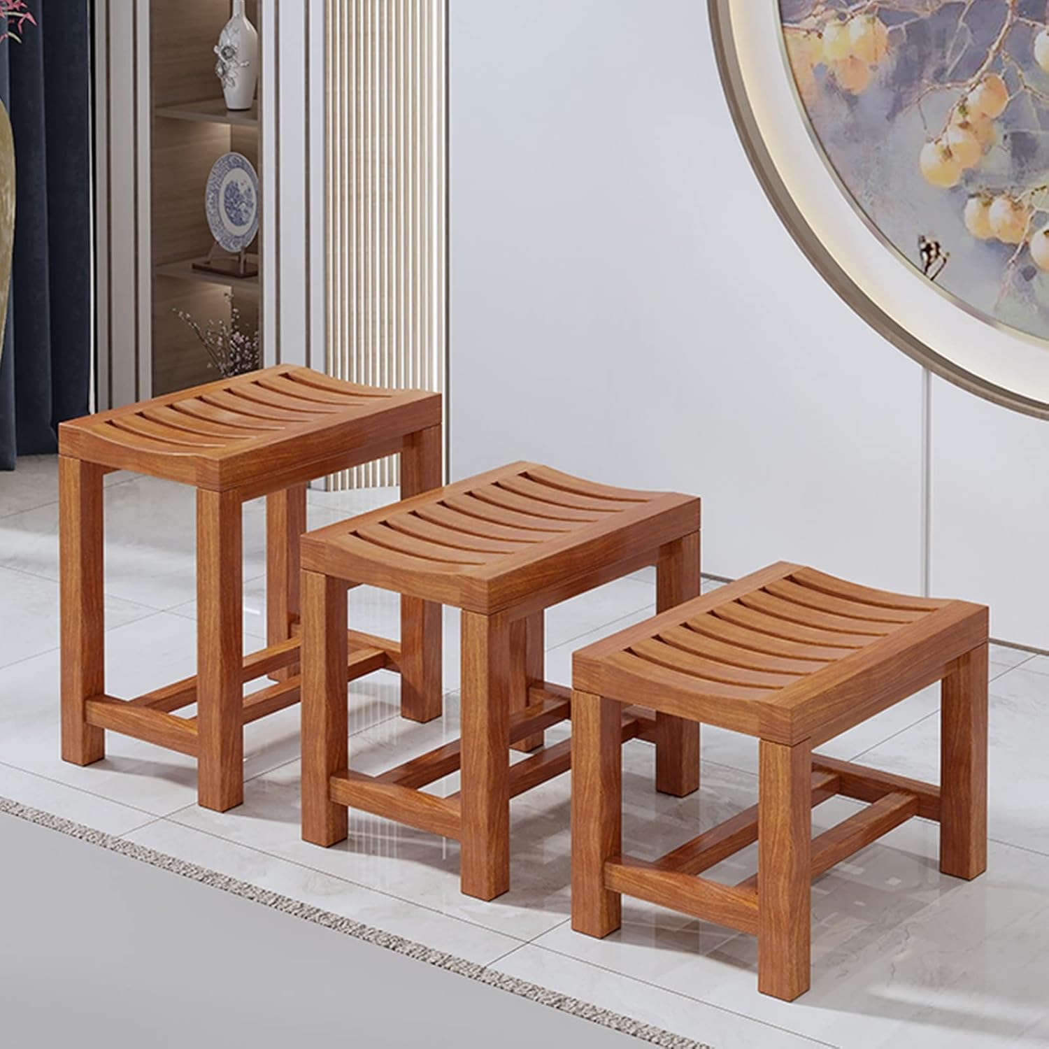 Wooden Spa Bench with Storage Shelf for Bathroom and Outdoor Use