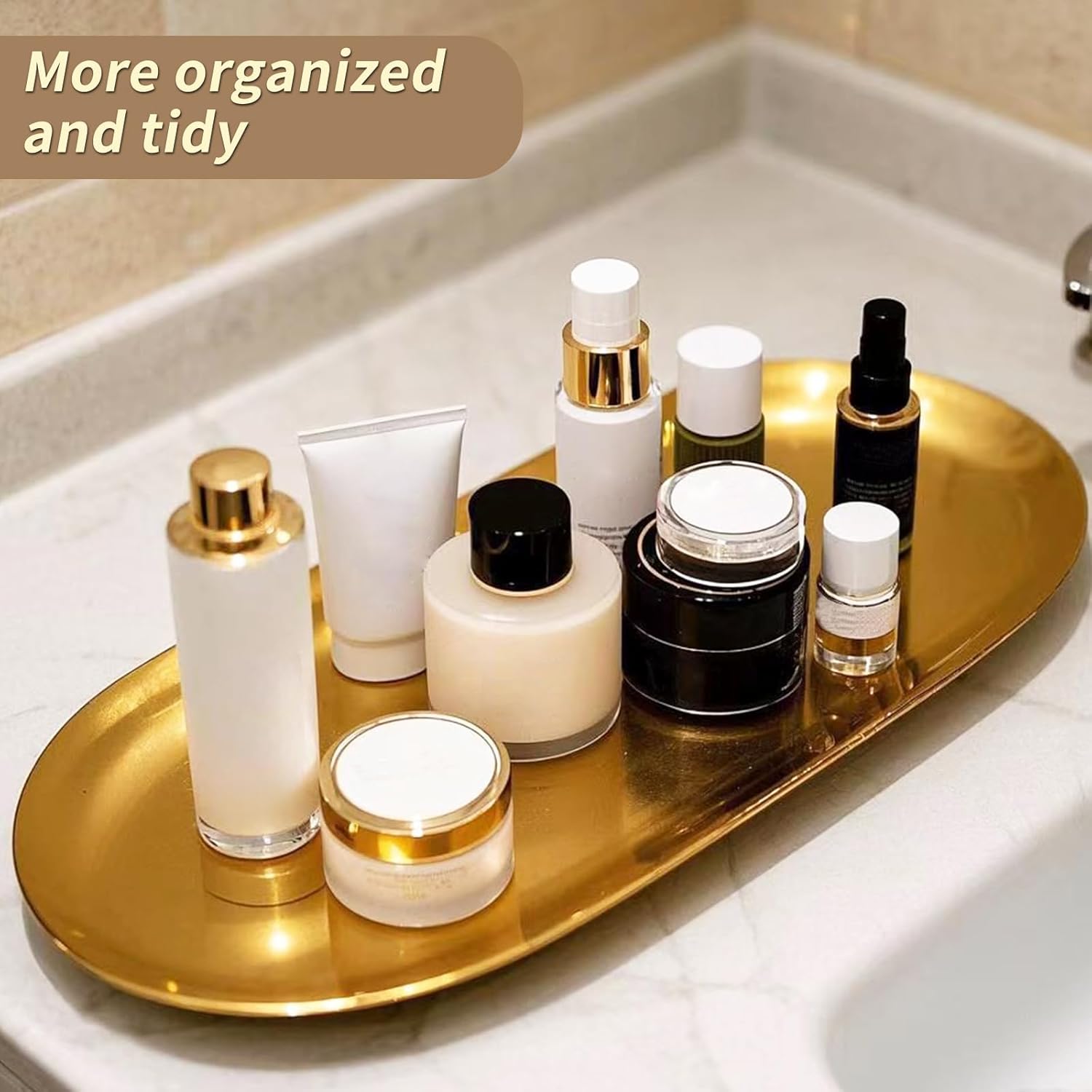 Wozoohyi Gold Decorative Tray 2 Pack Stainless Steel Vanity Tray for Bathroom Jewelry Storage