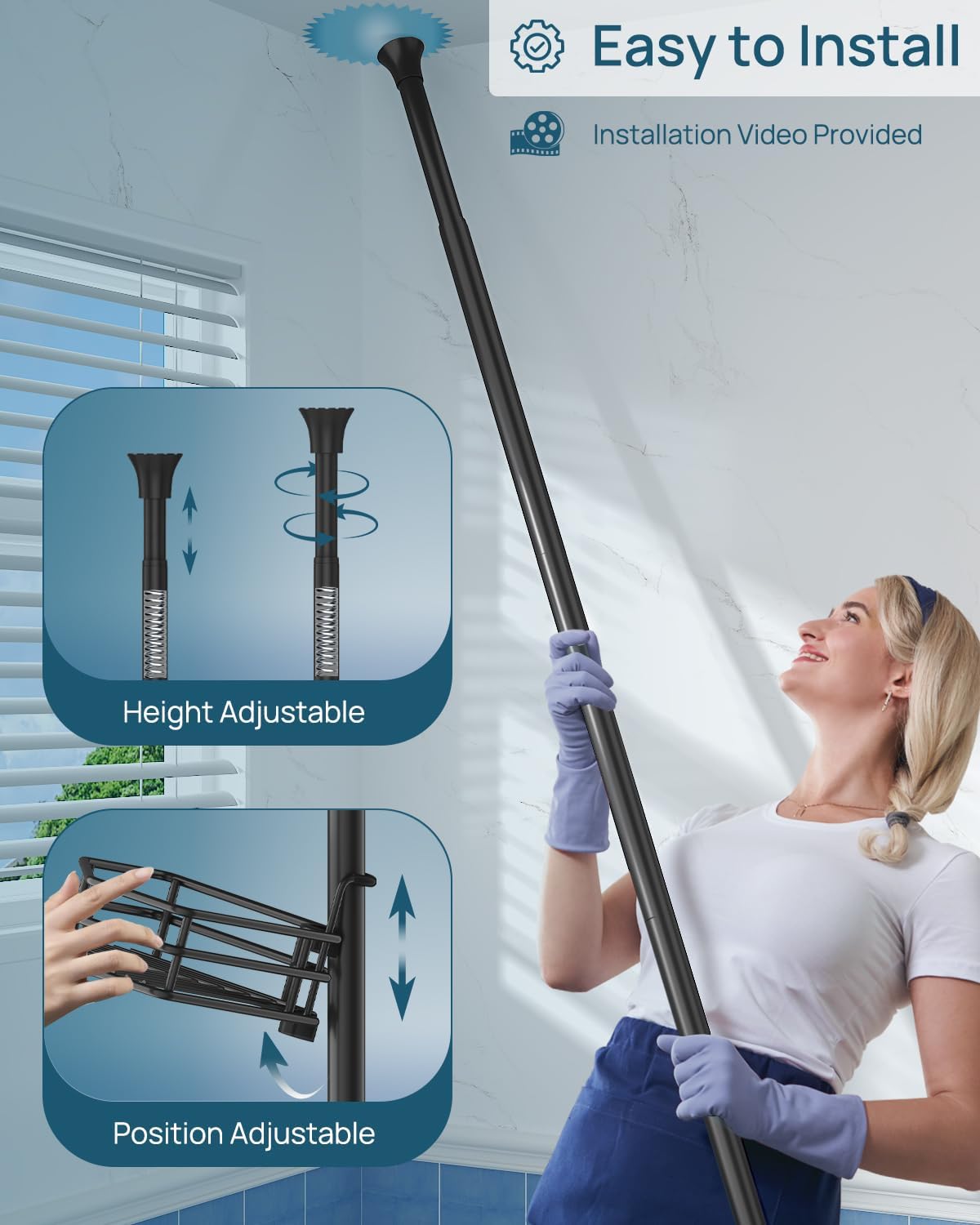 SEIRIONE Corner Shower Caddy Tension Pole with 4-Tier Adjustable Shelf Drill Free Rust-Proof Black