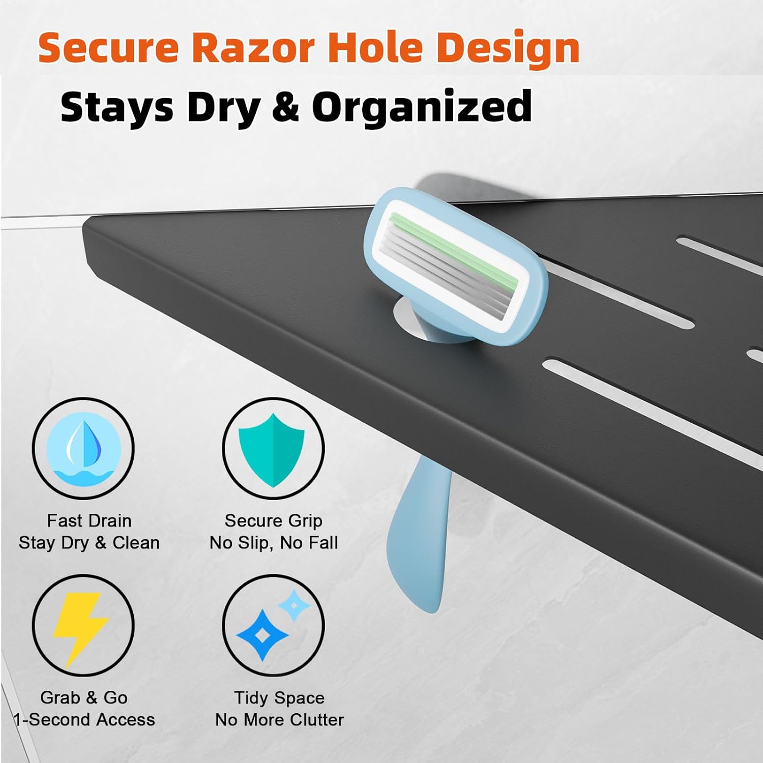 HBXS 10 Inch Black Shower Corner Shelf with Razor Hole 2-Pack