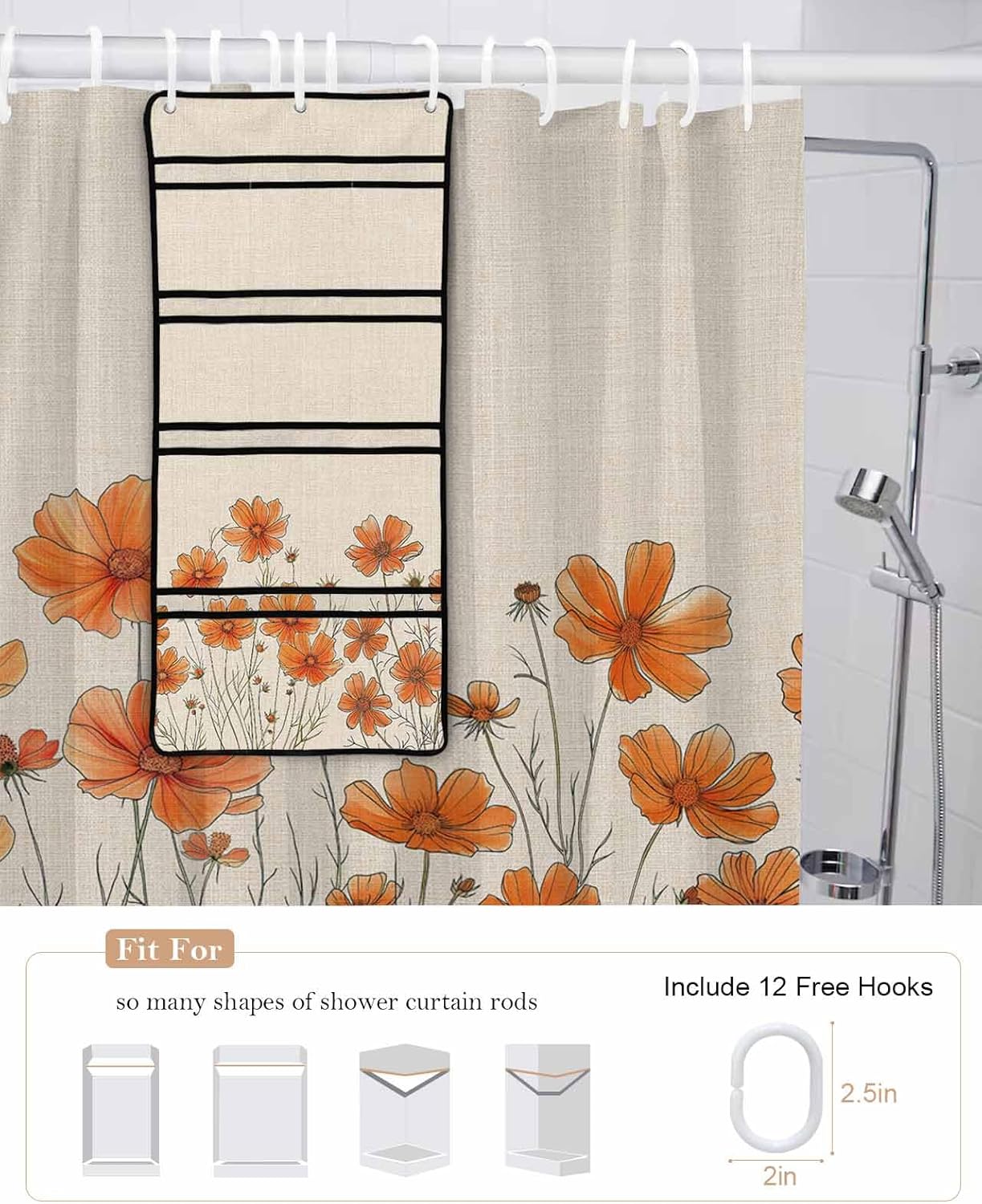 Watercolor Garden Orange Floral Shower Curtain Set with Hooks