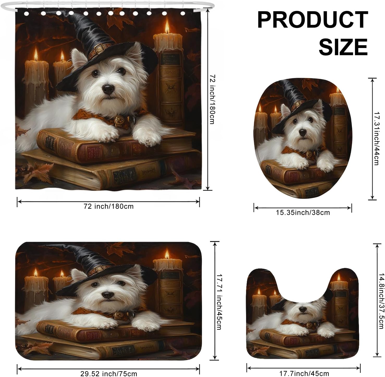 4PCS Halloween Witch Dog Bathroom Set with Non-Slip Rug and U Shape Toilet Lid Cover Mat