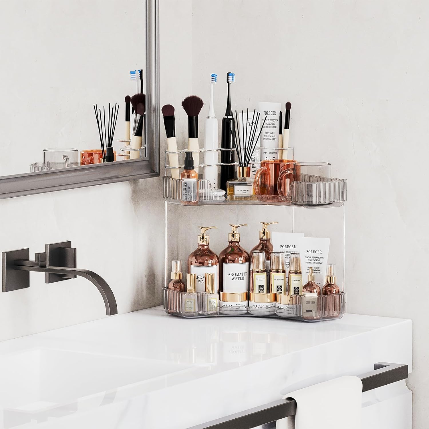 2-Tier Corner Bathroom Organizer with Toothbrush Holder and Makeup Stand