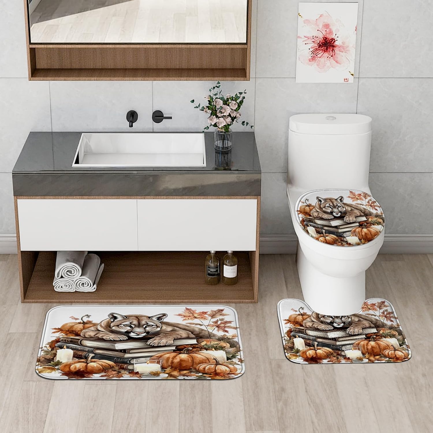 4PCS Fall Cougar Pumpkins Shower Curtain Set with Non-Slip Rug and Toilet Lid Cover Mat