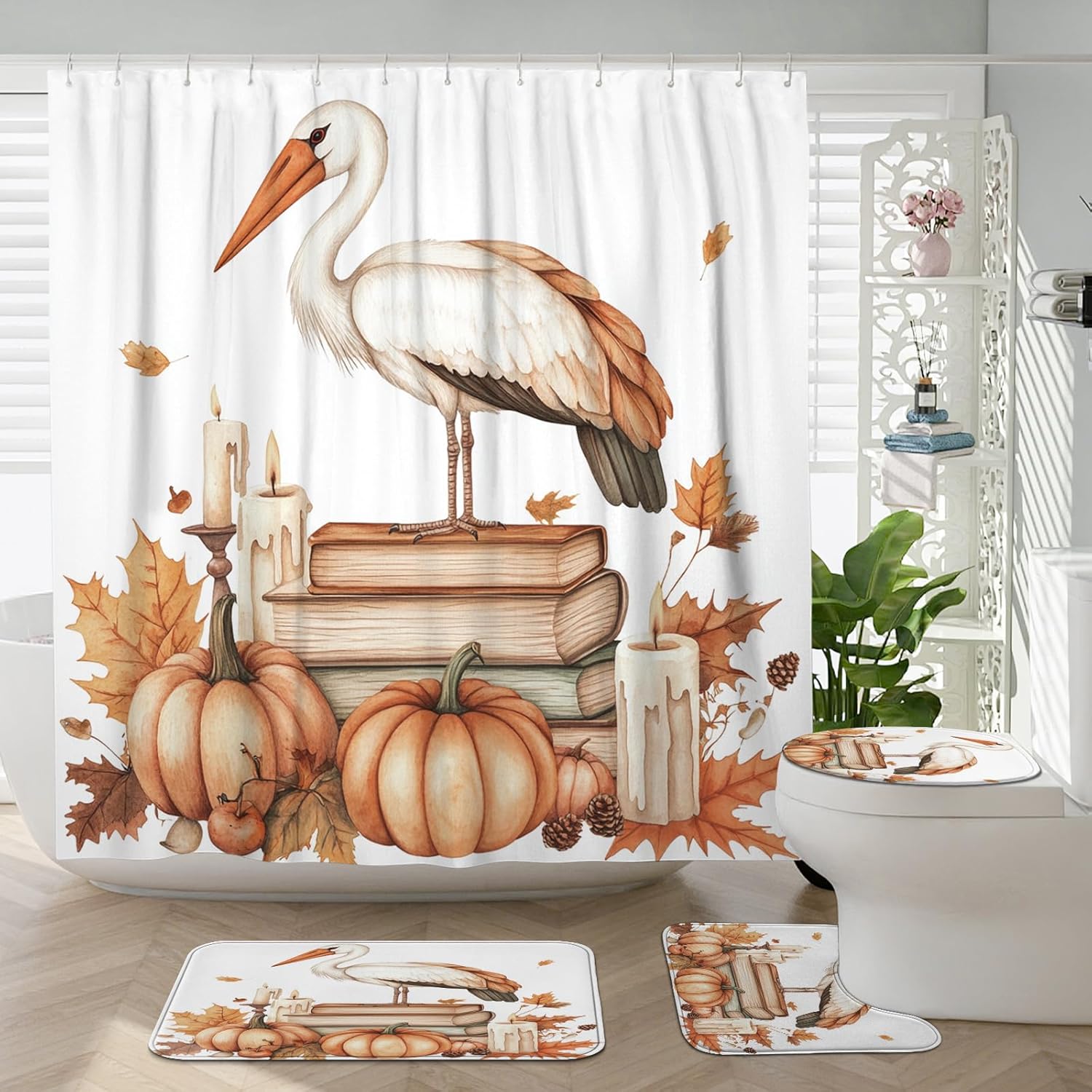 DESIHOM 4PCS Fall Storks Bird Shower Curtain Set with Hooks Non-Slip Rug U Shape Toilet Lid Cover Mat