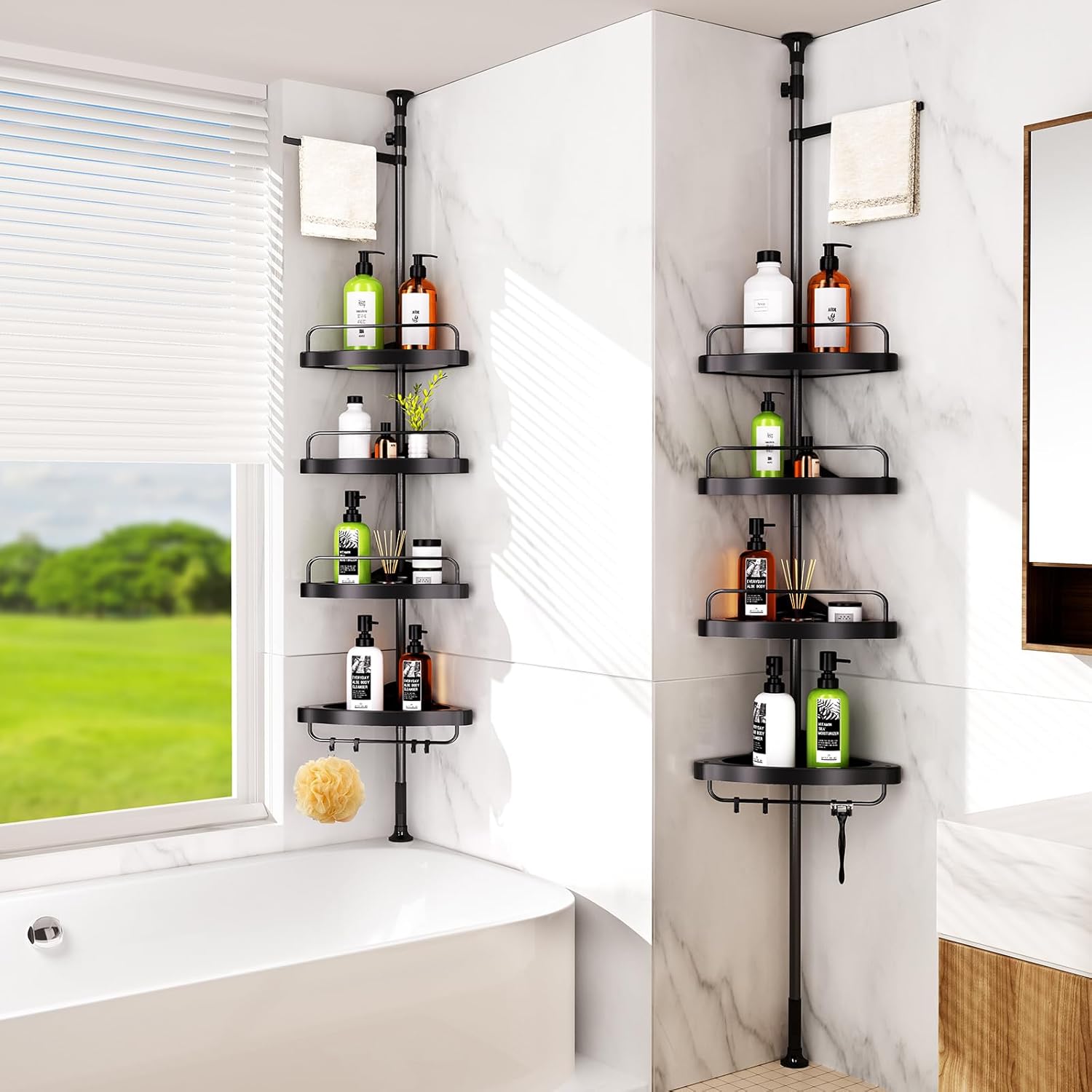 HAMITOR Corner Shower Caddy Tension Pole with 4 Tier Shelves Black
