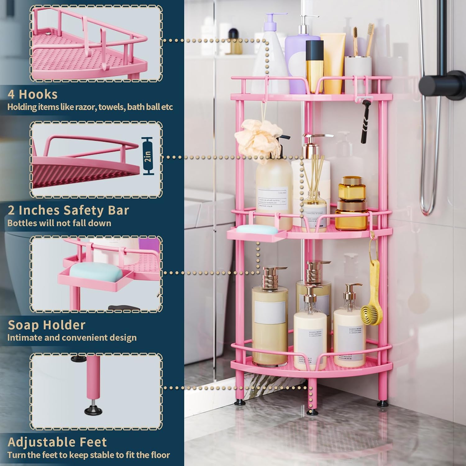 Consumest Corner Shower Caddy - 3 Tier Organizer with Soap Holder and 4 Hooks
