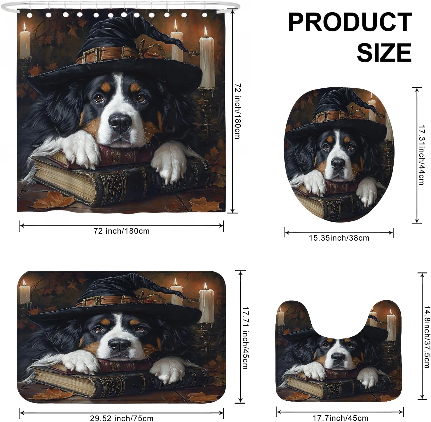 4PCS Halloween Witch Bathroom Set with Non-Slip Rug and U Shape Toilet Lid Cover