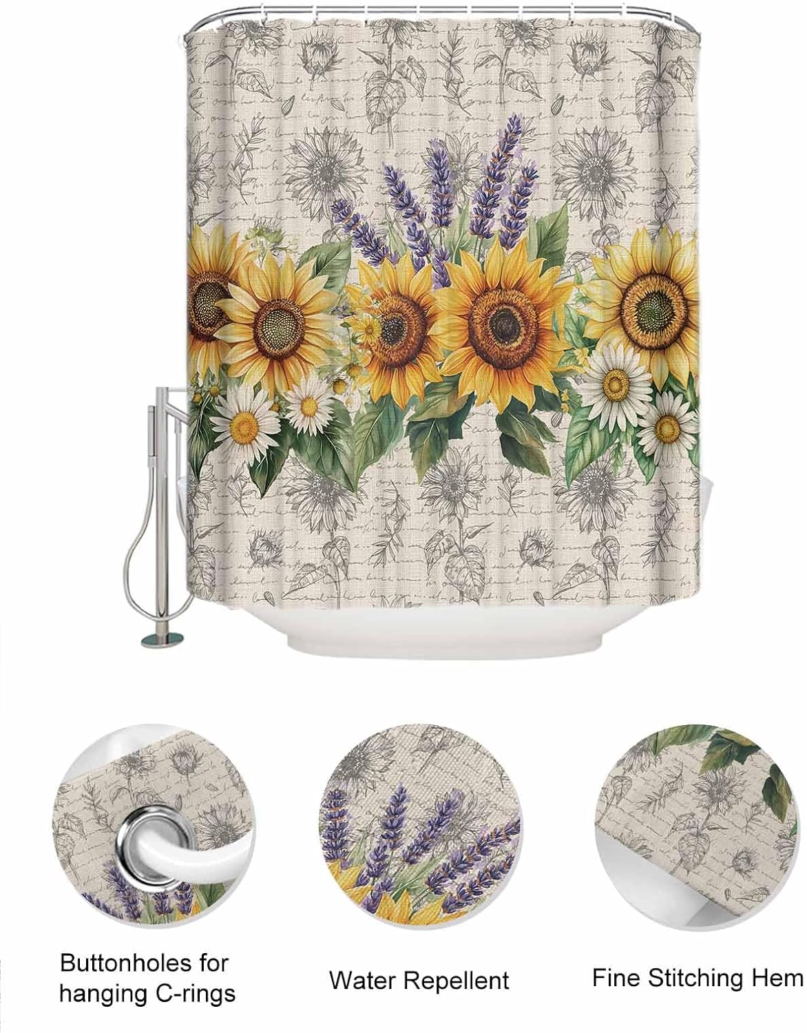 Watercolor Sunflower Lavender Shower Curtain Set with 10 Pockets