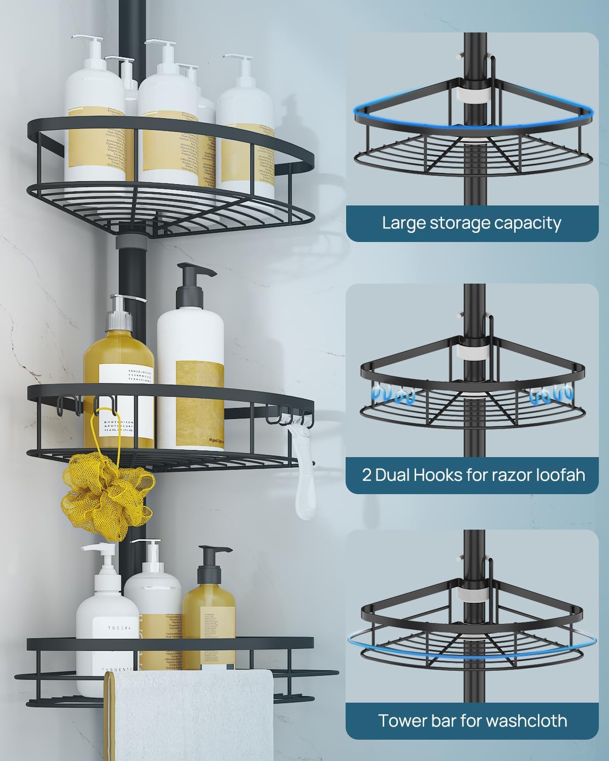 SEIRIONE Corner Shower Caddy Tension Pole 4-Tier Adjustable Rustproof Black