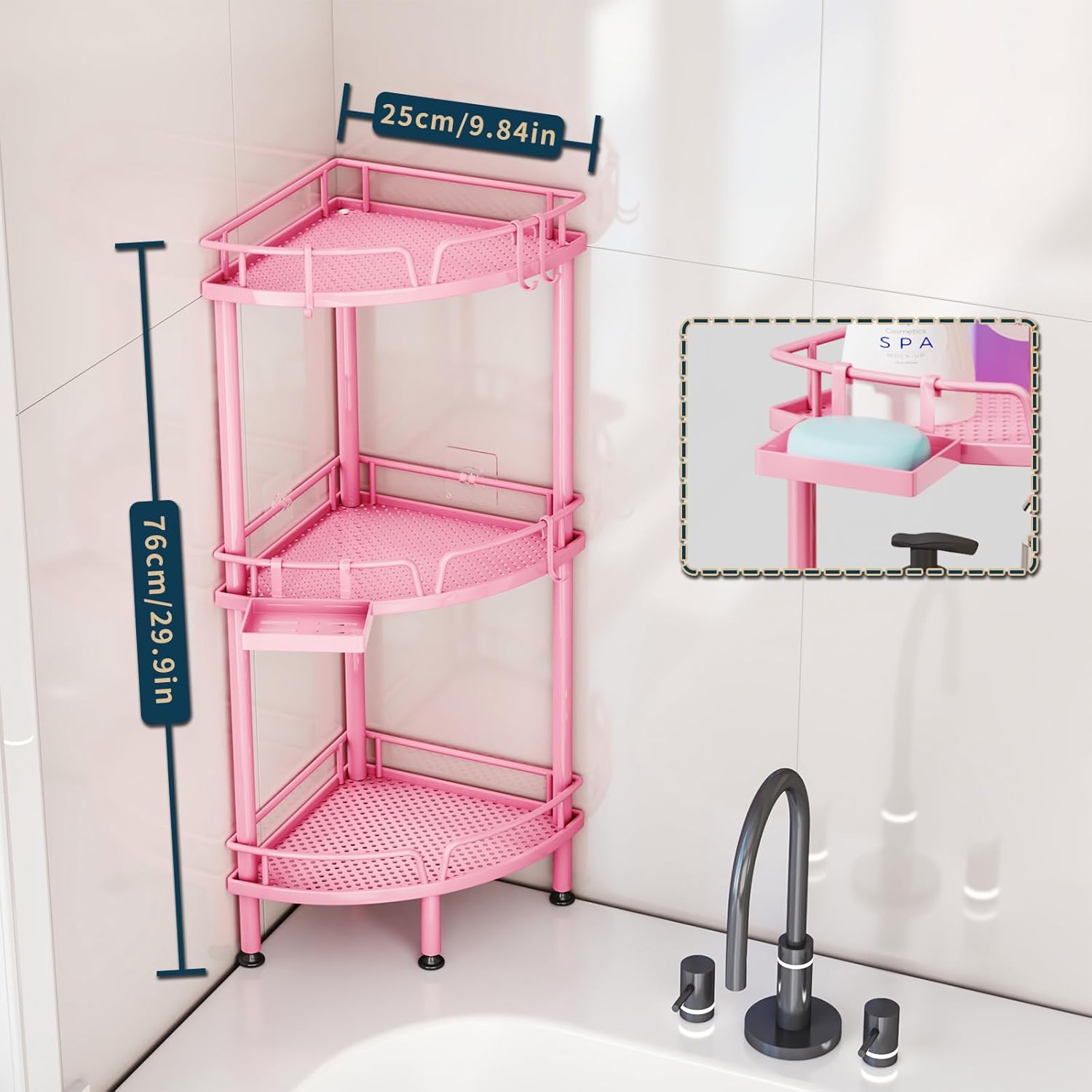 Consumest Corner Shower Caddy - 3 Tier Organizer with Soap Holder and 4 Hooks