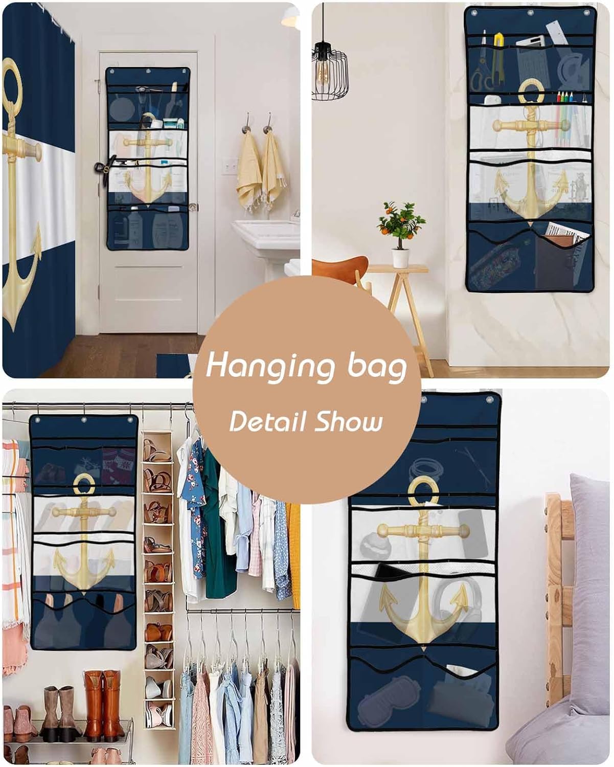 Gold Sea Anchor Blue and White Waterproof Shower Curtain with Mesh Organizer and 15 Hooks