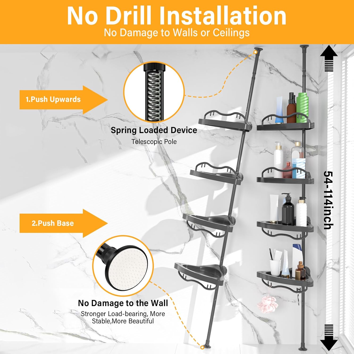 Black Corner Shower Caddy Tension Pole - Heavy Duty Rustproof Stainless Steel Organizer with 4 Adjustable Shelves