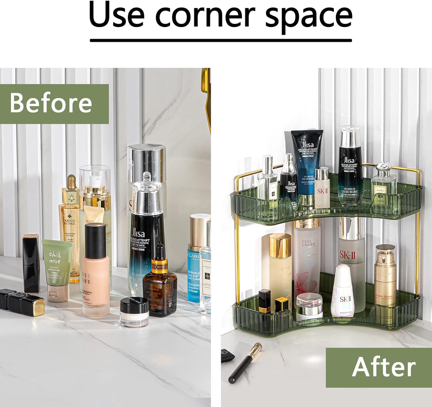 2-Tier Corner Bathroom Organizer Space-Saving Storage Shelf for Makeup and Toiletries