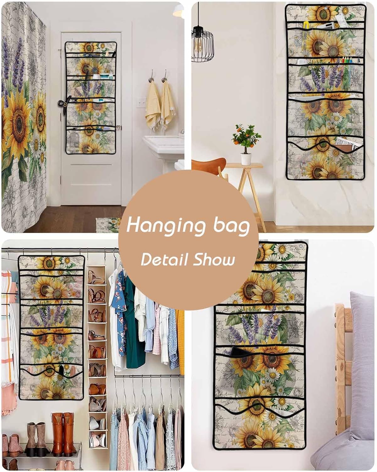 Watercolor Sunflower Lavender Shower Curtain Set with 10 Pockets