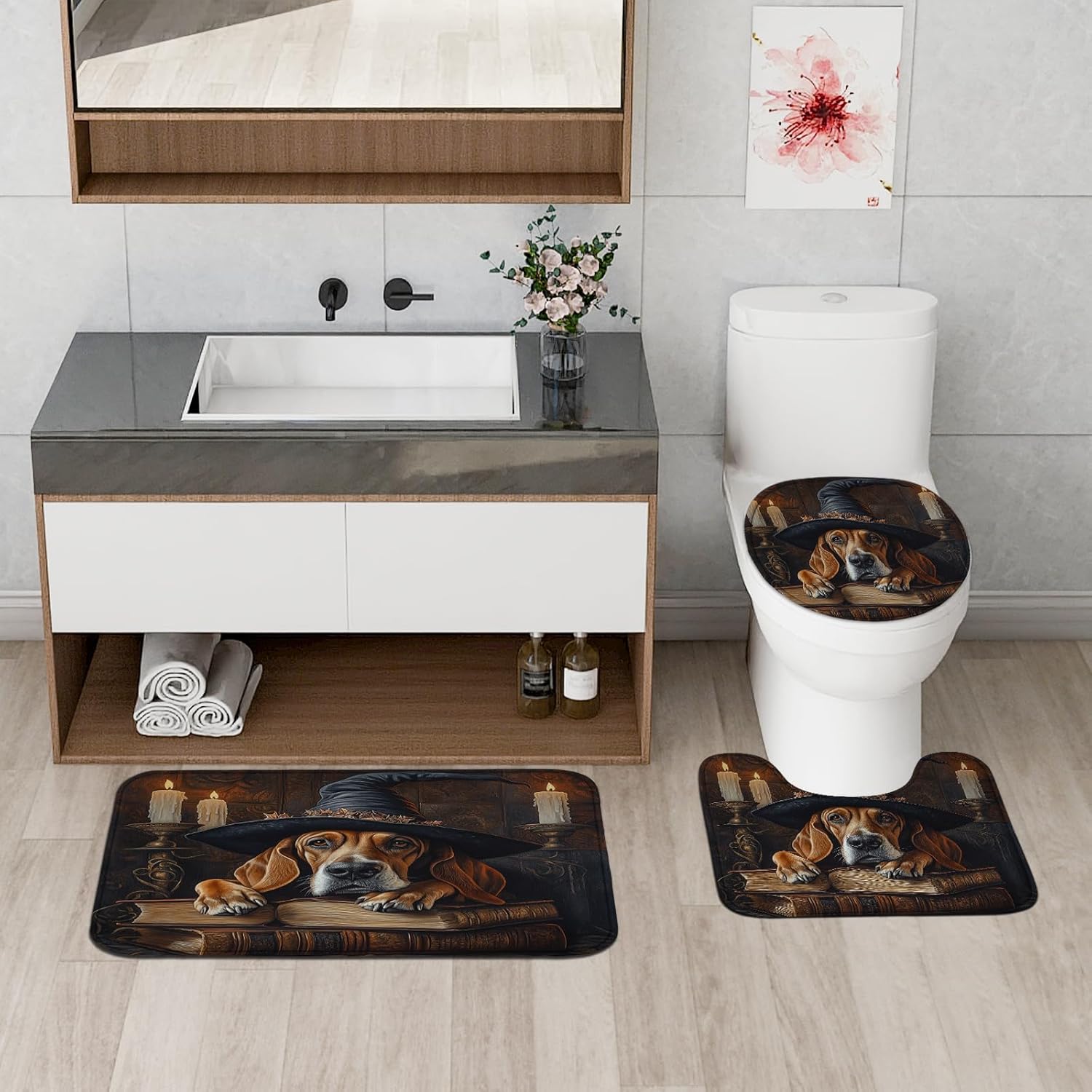 4PCS Halloween Witch Bath Set with Non-Slip Rug and U Shape Toilet Lid Cover